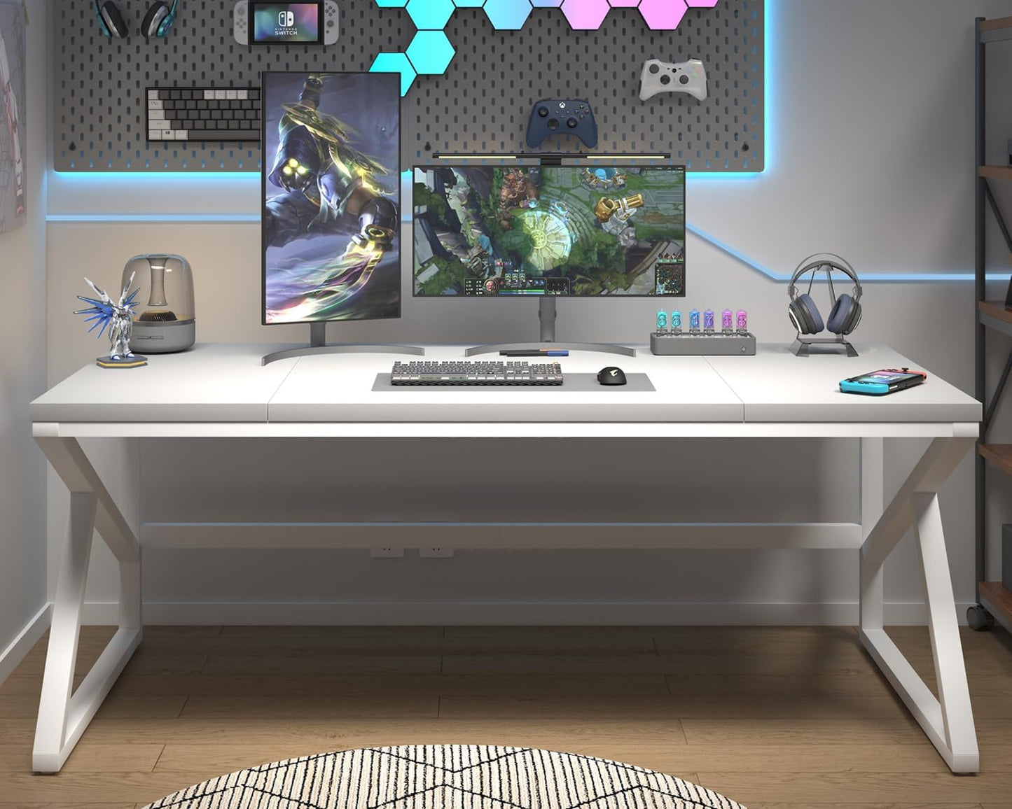 HSH 70 Inch Long White Computer Desk, Modern Large Executive Work Writing Study Gaming Desk for Home Office, Industrial Metal Wooden Two Person Desk Dual Monitor Workstation in Bedroom Living Room