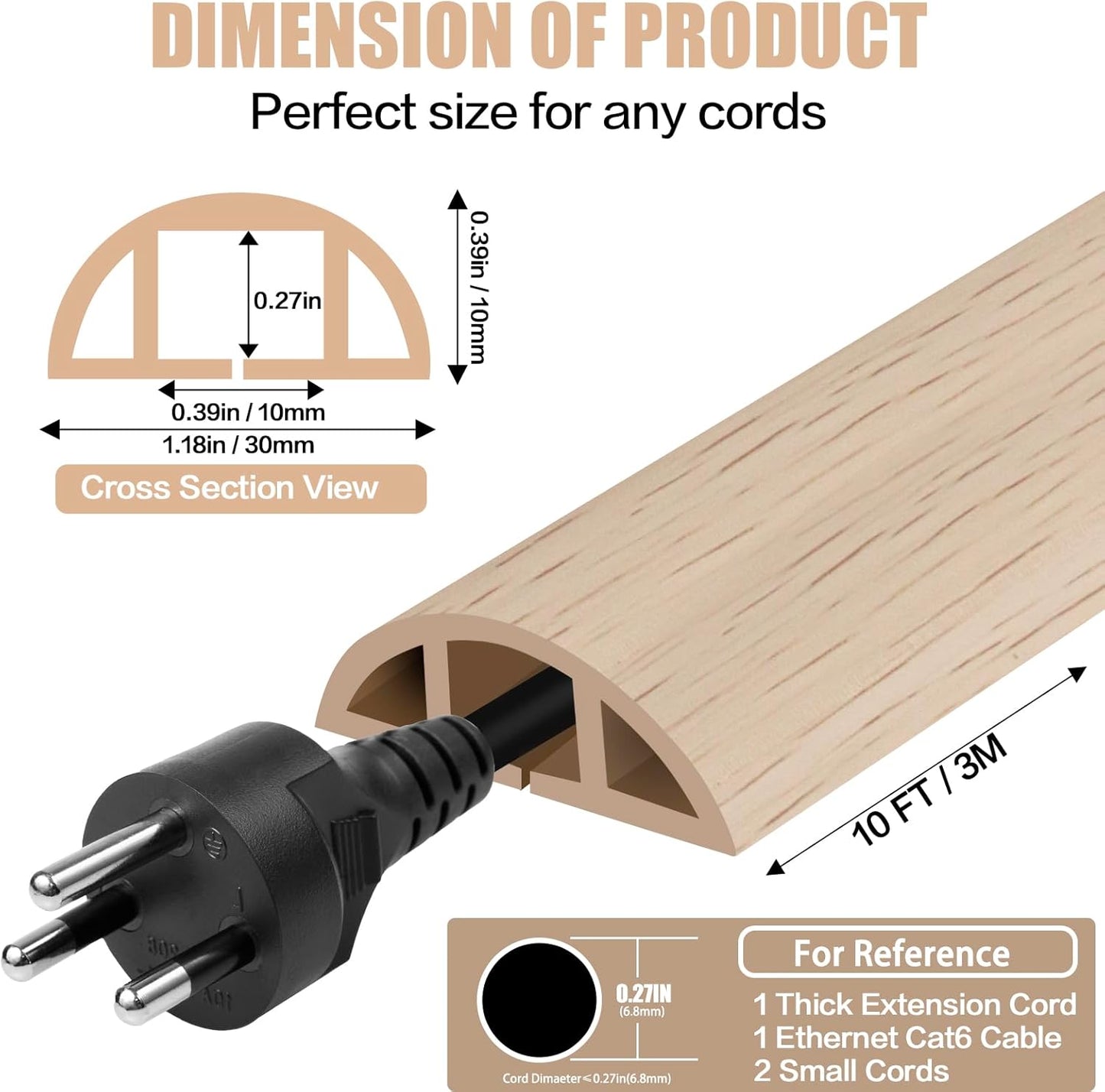 Floor Cord Cover Self Adhesive Cord Hider,10FT Cable Management, Extension Strip Protector for Wires, Prevent Cable Trips for Offices, Gyms, Exhibitions Cavity:0.39"(W) x 0.27"(H) Yellow Wood
