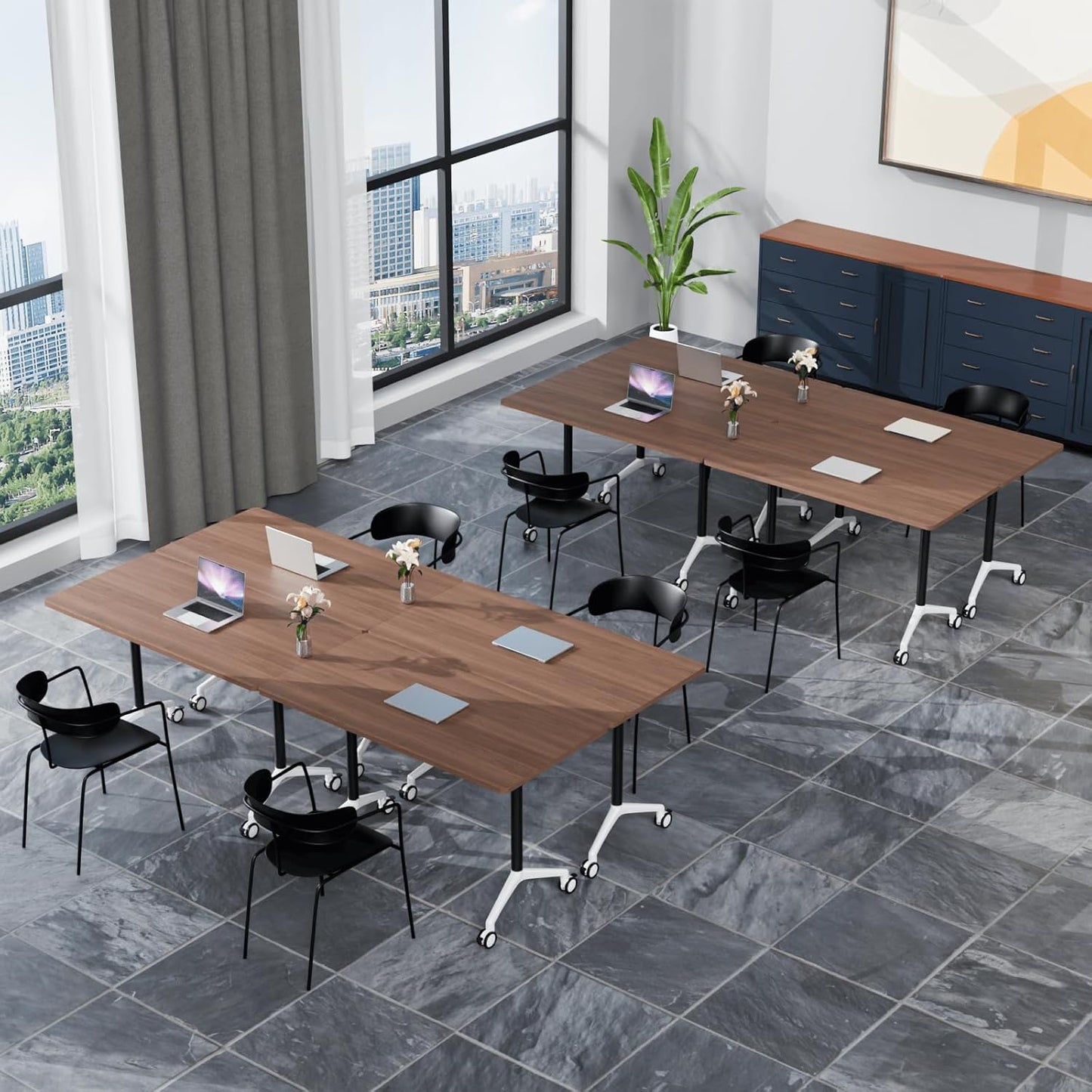 Folding Conference Table, Modern Large Conference Room Tables with Flip-Top Design, Foldable Conference Table Meeting Table with Wheels, Mobile Seminar Training Tables for Office Classroom (2, Brown)