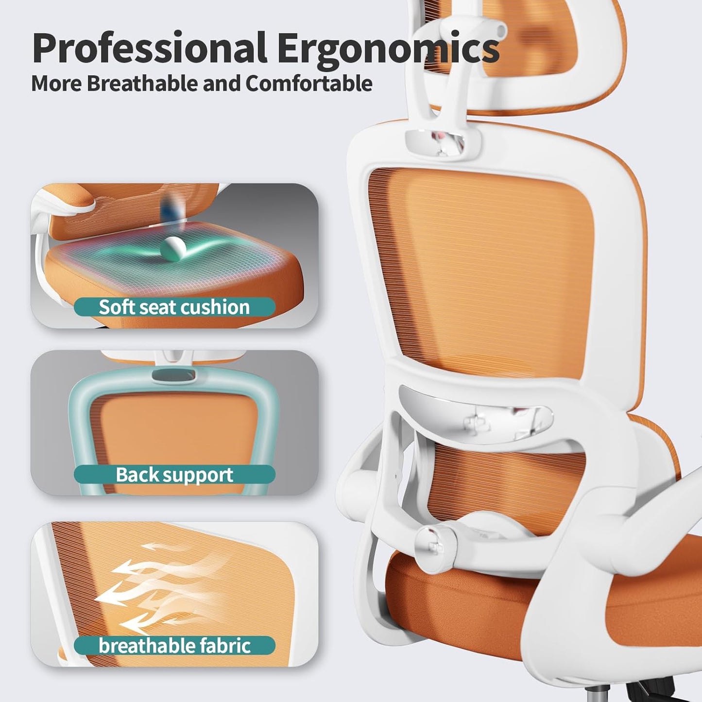 TRALT Office Chair Ergonomic Desk Chair, 330 LBS Home Mesh Office Desk Chairs with Wheels, Comfortable Gaming Chair, High Back Office Chair for Long Hours (Orange)