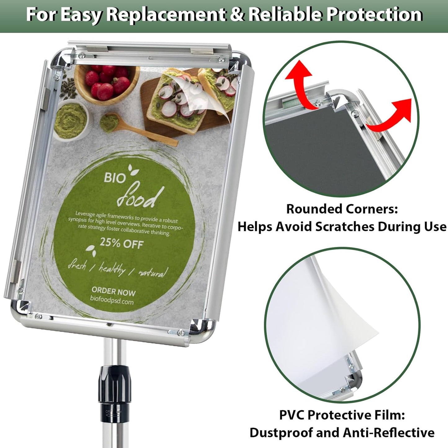 Poster Stand Holder Adjustable Pedestal Floor Standing Sign Holder Vertical and Horizontal View Sign Display, Aluminum Snap Open Frame with Safety Corner (Sliver-8.5x11)