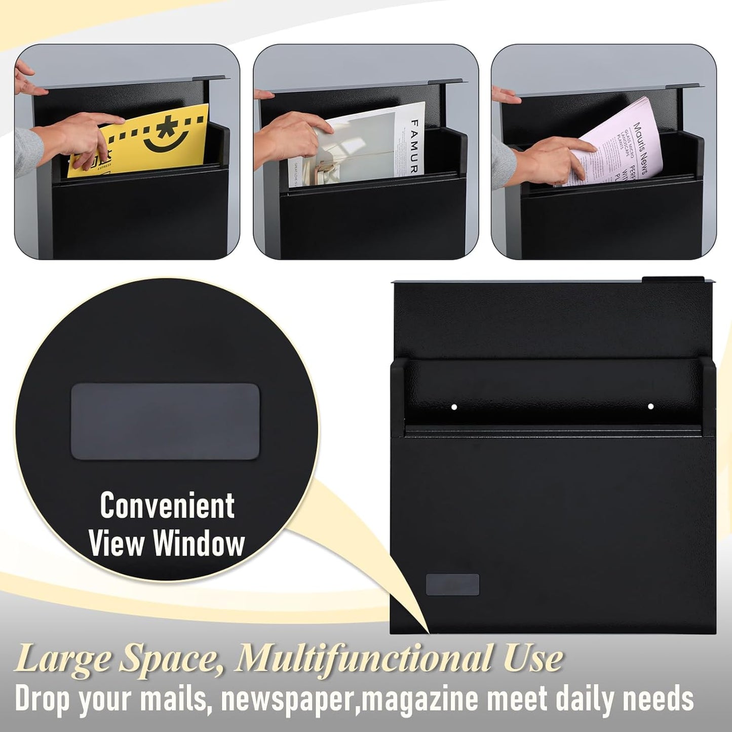 xydled Mailbox Wall Mount Mailboxes for Outside, Large Capacity Steel Hanging Metal Mailbox, Modern Post Box, Black,14.6''x12.2''x4.1''