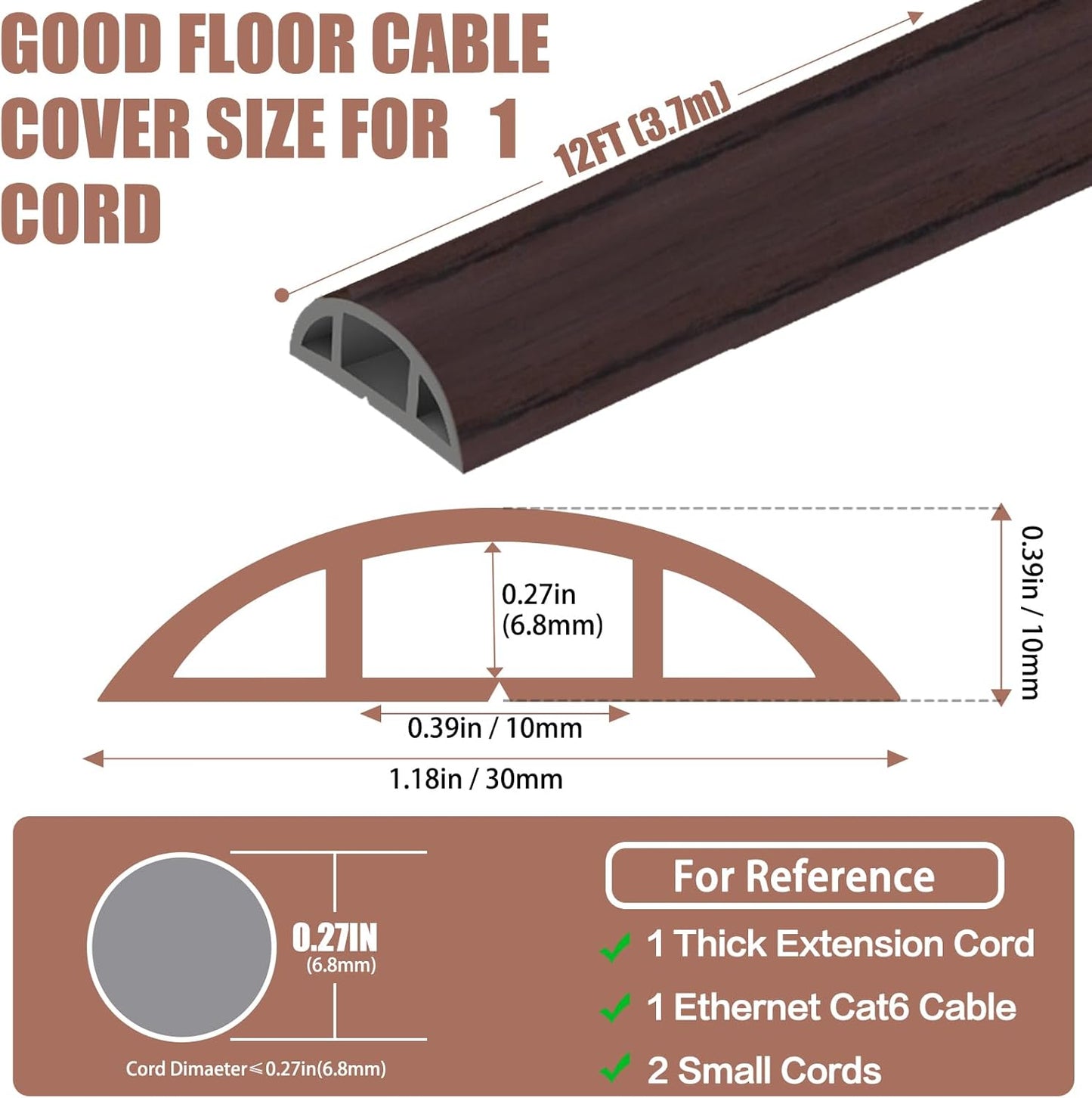 Floor Cord Covers for Wires 12FT Cable Hider Wire Cover Self Adhesive Cord Hider Floor for Offices, Homes, Workshops, Warehouses Cable Cavity 0.39" W x 0.27" H