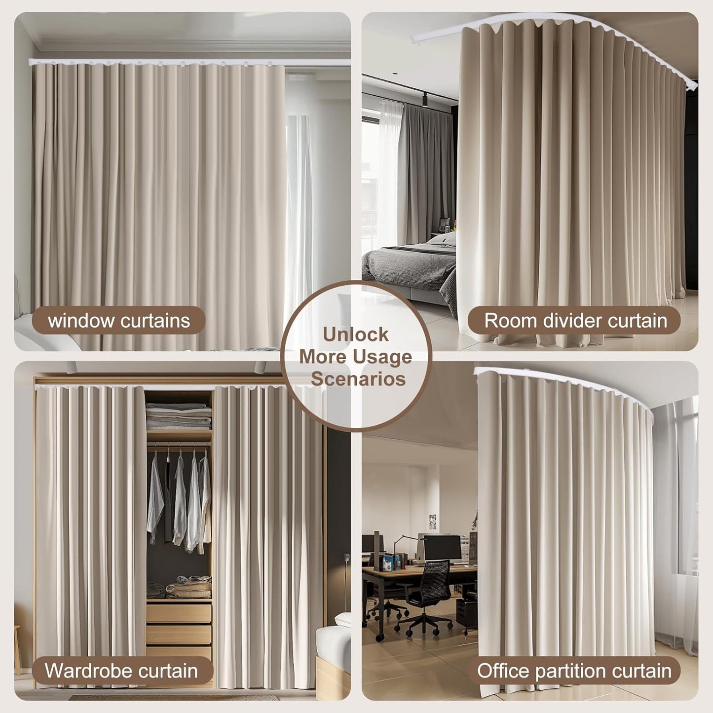 Room Divider Curtains & Flexible Bendable Tracks Set,Privacy Dividers Ceiling Track Curtain Window Blackout Curtains for Living Room Bedroom (W150 × H96 in 1 Panel Beige Drape & White Rail)