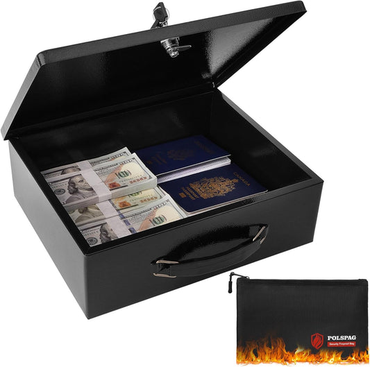 Fireproof Document Box with Key Lock & Fireproof Money Bag,Safe Storage Box for Valuables,Fire Resistance Security Chest,Fireproof Box for Documents,Passport Extra Large (Black, Large)