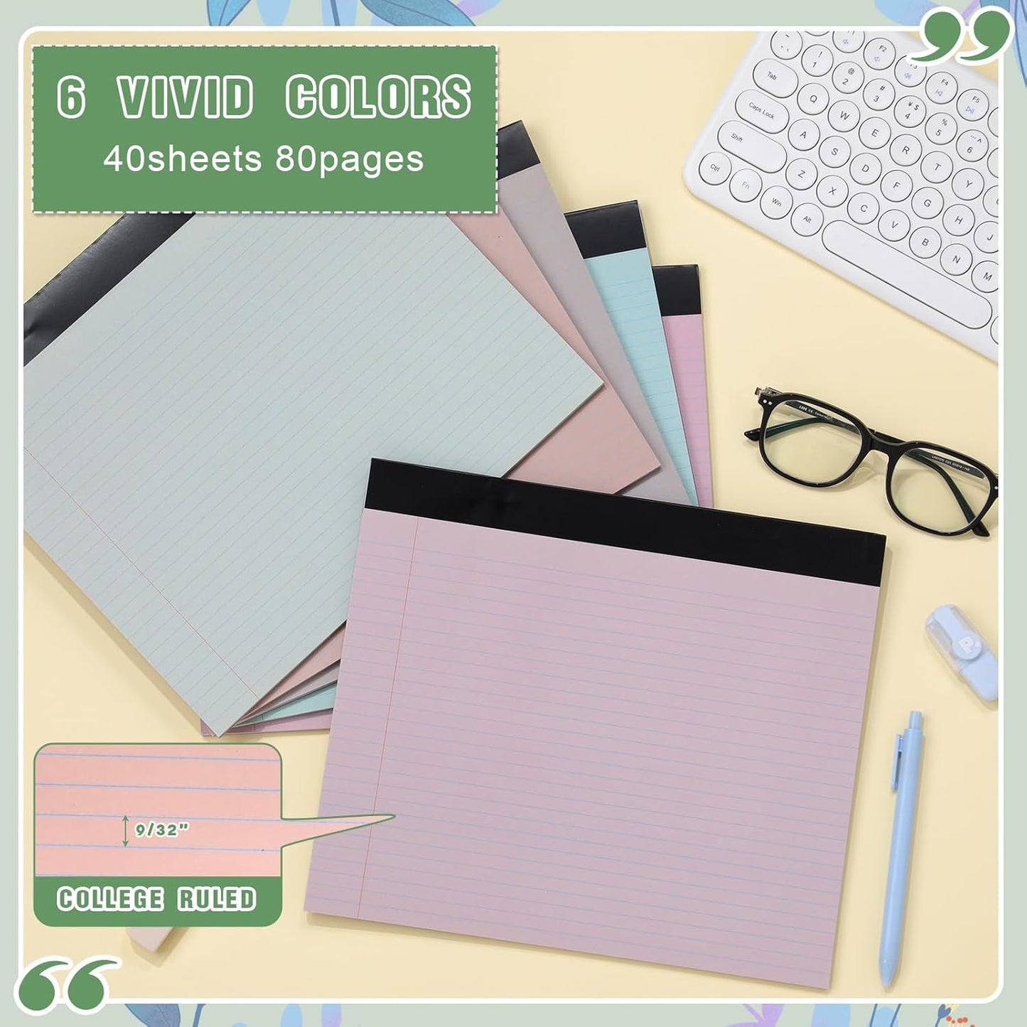 Lincia 6 Pcs 11" x 9.5" Legal Pads College Ruled Notepad Landscape Notebook Horizontal Lined Notebook 80 Gsm Assorted Colors Paper Pastel Writing Pads for School Office, 40 Sheet (Boho Color)
