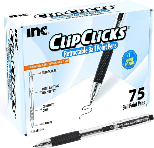Inc. ClipClicks Retractable Ballpoint Pens - Bulk 1.0-mm Medium-Point Pen Set With Comfort Grip for School, Office, Writing, and Journaling, 75 Count, Black