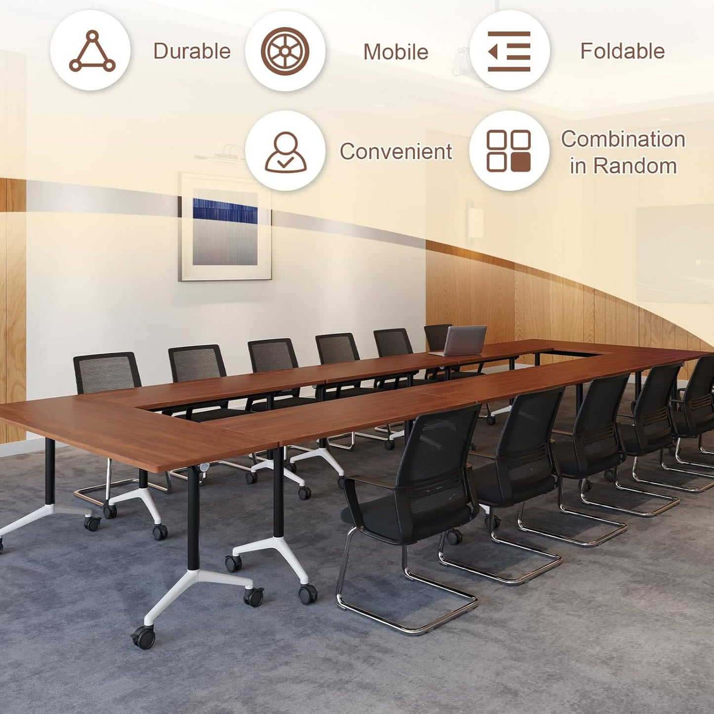 Folding Conference Room Table, Modern Conference Tables with Wheels, Large Rectangular Mobile Training Tables for Office Classroom, Foldable Modular Boardroom Seminar Table (8pack L55.1in)