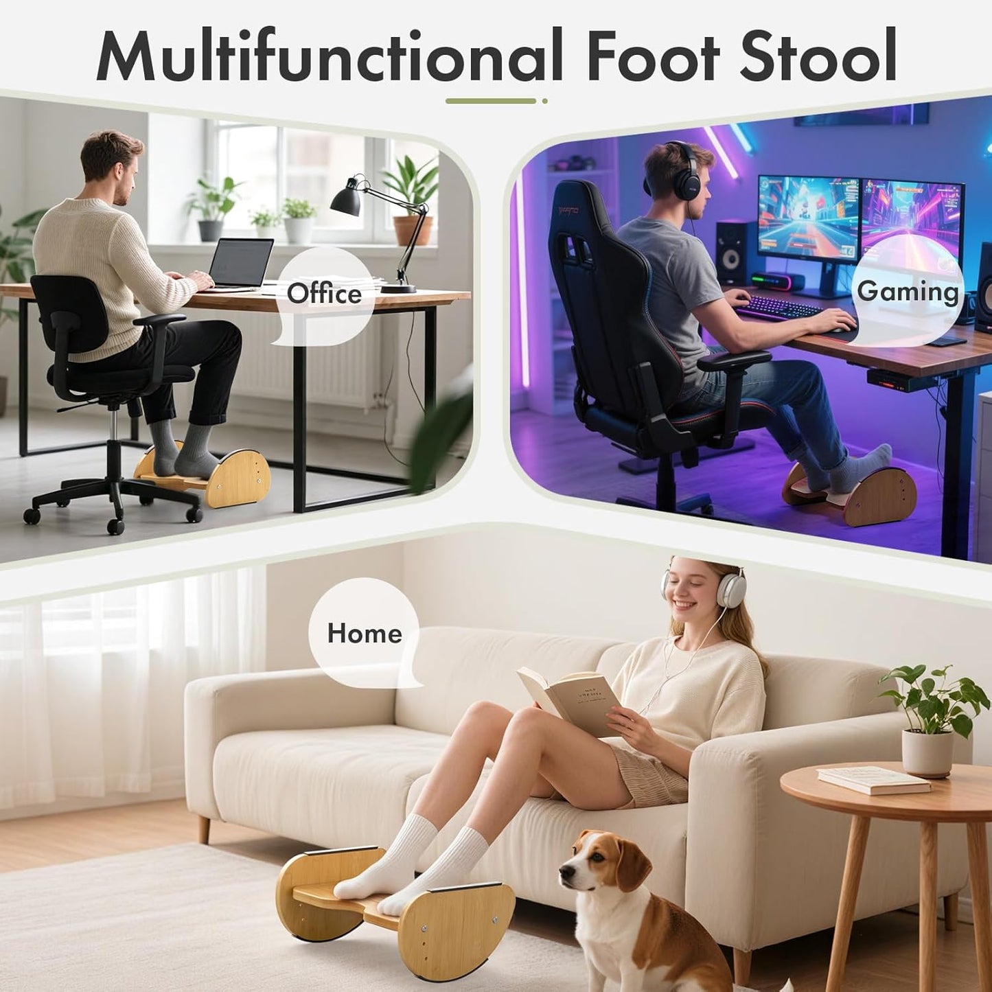 Amazer Bamboo Foot Rest for Under Desk at Work, 2-in-1 Reversible Rocking Footrest Adjustable Foot Stool, Ergonomic Footrest for Under Gaming Desk, Feet Support Leg Footstools for Home Office