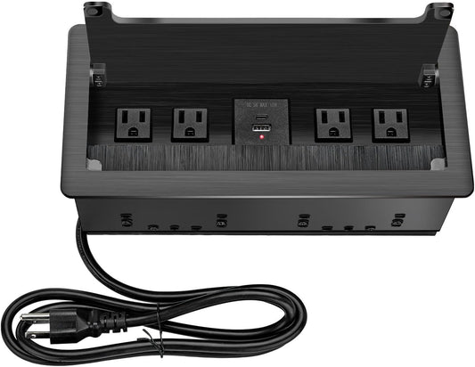 Embedded mesa Power Outlet Box, Table Power Multimedia Connectivity Box for Conference Study Room Home with 4 AC Outlet,USB-C Port Fast Charge 18W Length 4.9FT Power Cable (Brushed Black)