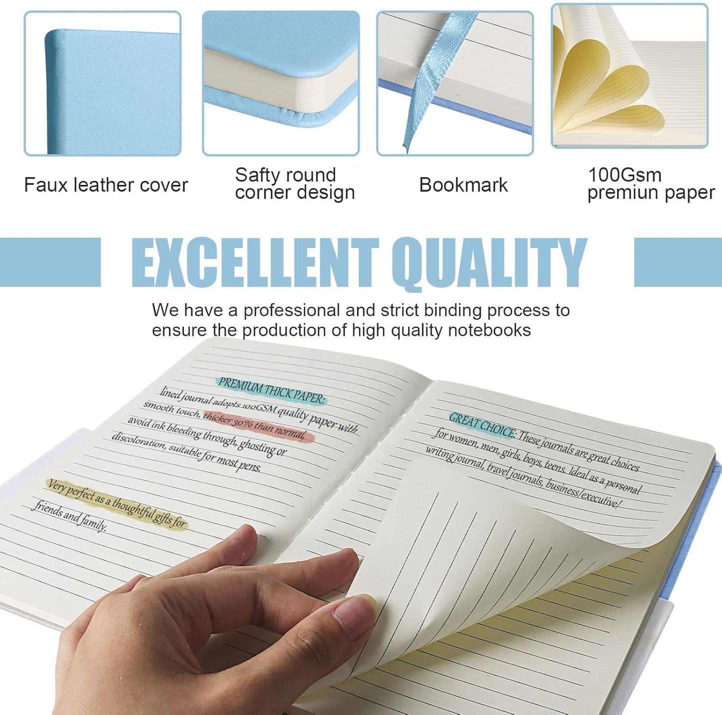 Lined Journal Notebook, 6Pack(sky blue), 160 Pages, Medium 5.7 inches x 8 inches - 100 gsm Thick Paper, Hardcover