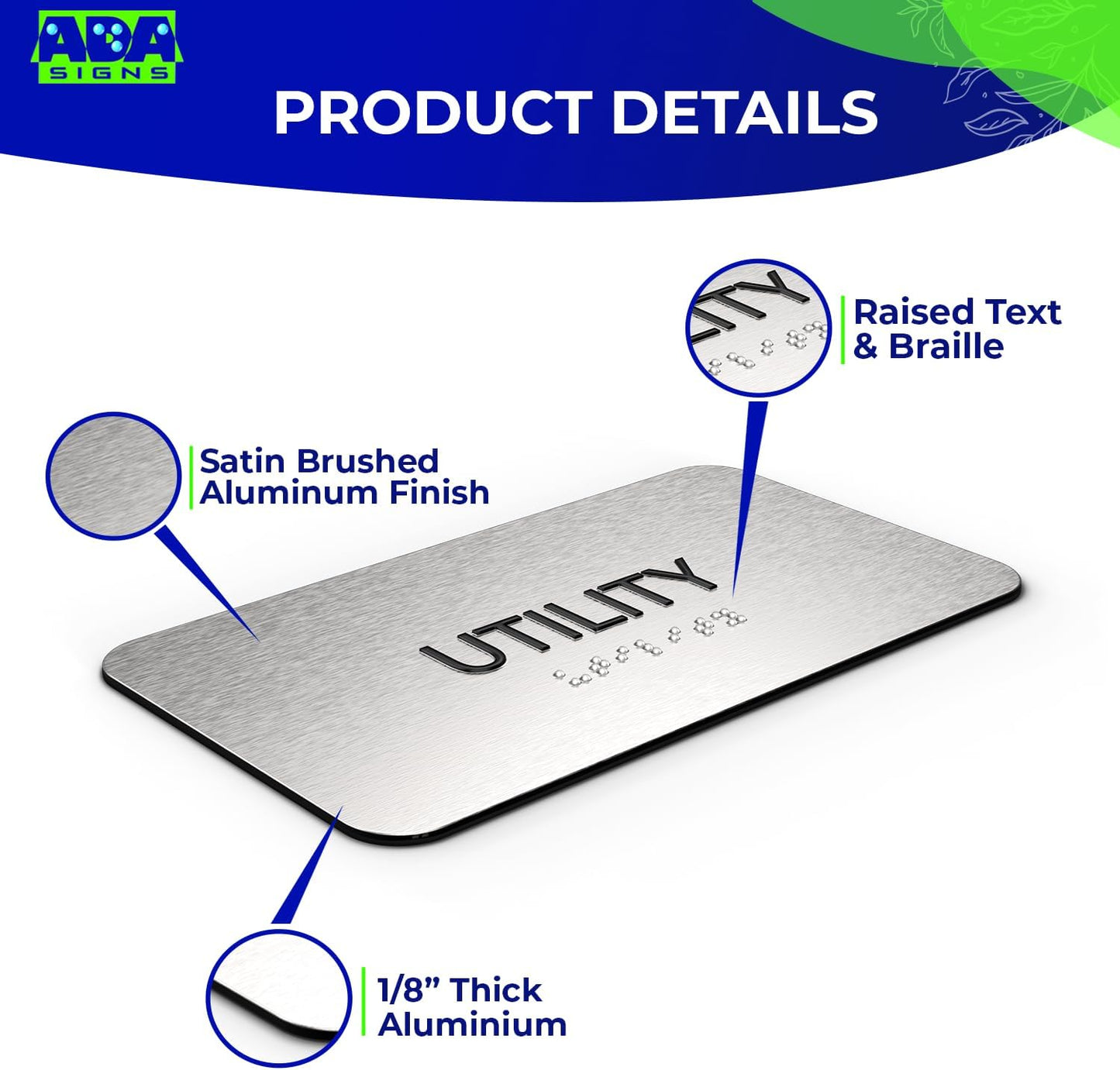 ADASigns Utility Room Sign 7”x4” - Durable Brushed Aluminum with Grade 2 Braille - Easy Installation with Strong Adhesive Tape - ADA Compliant Utility Room Signs for Business, Restaurants & Offices