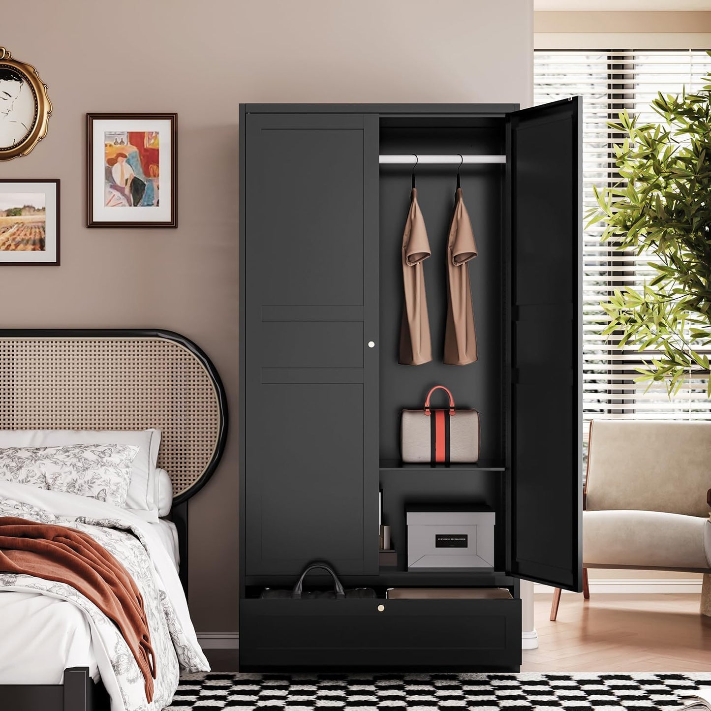 Letaya Wardrobe Closet,72" H Clothing Metal Storage Cabinet with Storage Drawer Adjustable Shelves and Hanging Rod,Bedroom Armoire Cabinet Clothes Organizer (Black)