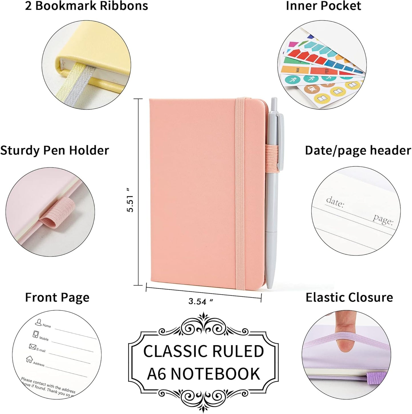 feela 6 Pack Pocket Small Notebooks Bulk, Mini Cute Memo Notepads Hardcover College Ruled Lined Journals with Pen Holder for Women Girls Office School, with 6 Black Pens, 3.5”x 5.5”, A6, Pastel Colors