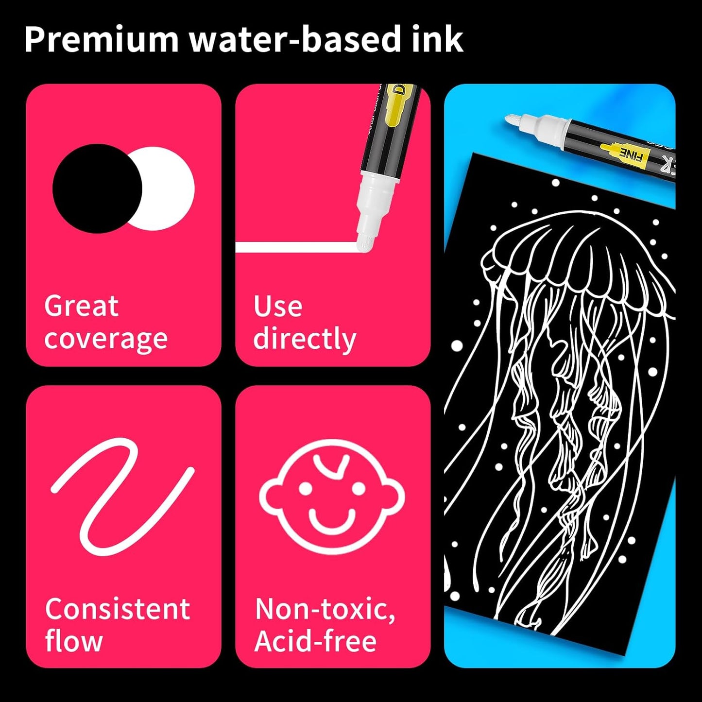 NAWOD 6 White Acrylic Paint Pens - Dual Tip (Fine 1mm + Dot 5mm) Permanent Markers for Rock, Fabric, Canvas, Ceramic, Glass, Wood, Paper, Labeling, Drawing, DIY Crafts