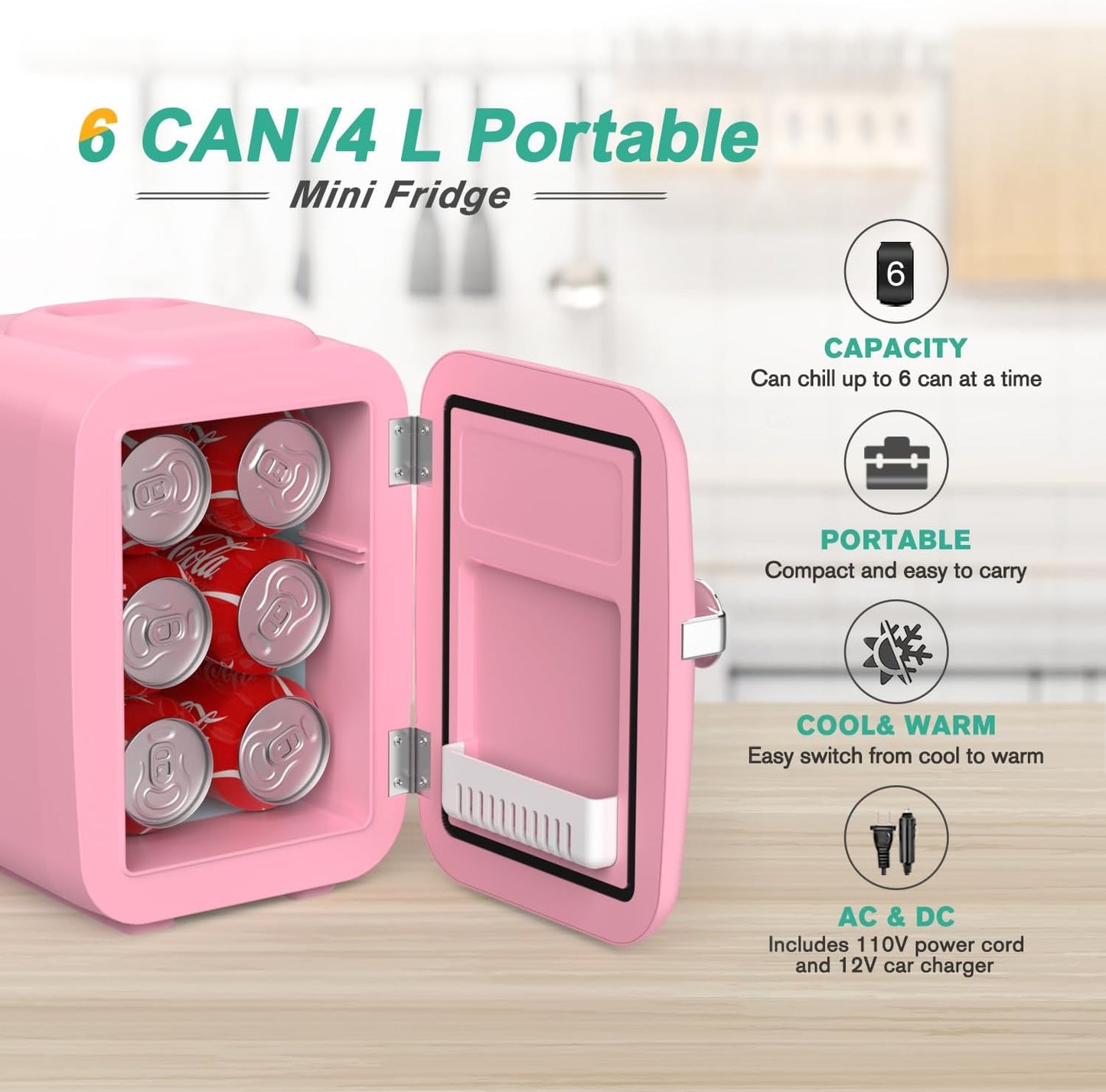 CROWNFUL Mini Fridge, 4 Liter/6 Can Portable Cooler and Warmer Personal Refrigerator for Skin Care, Cosmetics, Beverage, Food,Great for Bedroom, Office, Car, Dorm, ETL Listed (Pink)