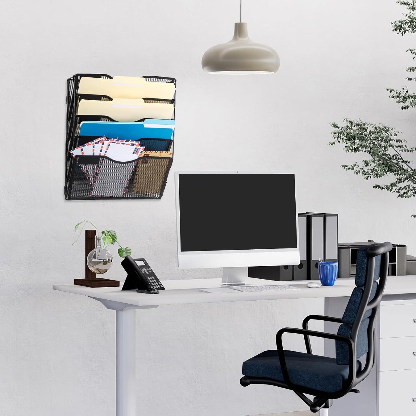 EASEPRES 5 Pocket Mesh Hanging Wall File Organizer with Hangers & Nametag Label, Wall Mounted Mail Paper Document Folder Holder, Clipboard Storage Organization Magazine Rack for Office Cubicle, Black