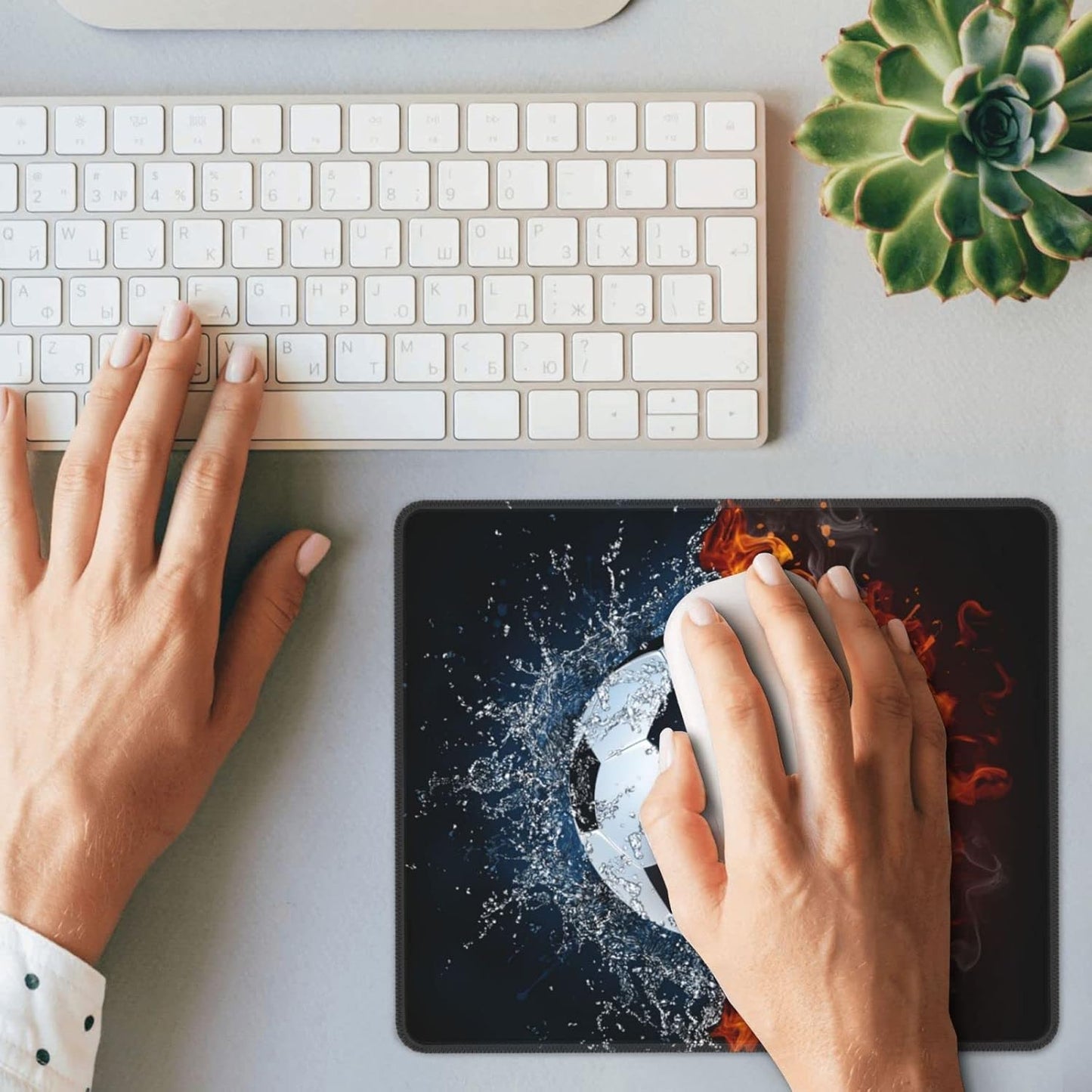 Soccer Ball Print Mouse Pad for Desktop, 12x10 inch Large Square Mouse Pad with Water Fire Pattern for Sports Teen Boys Men Women Girls, Non-Slip Rubber Base Computer Mousepad for Wireless Mouse