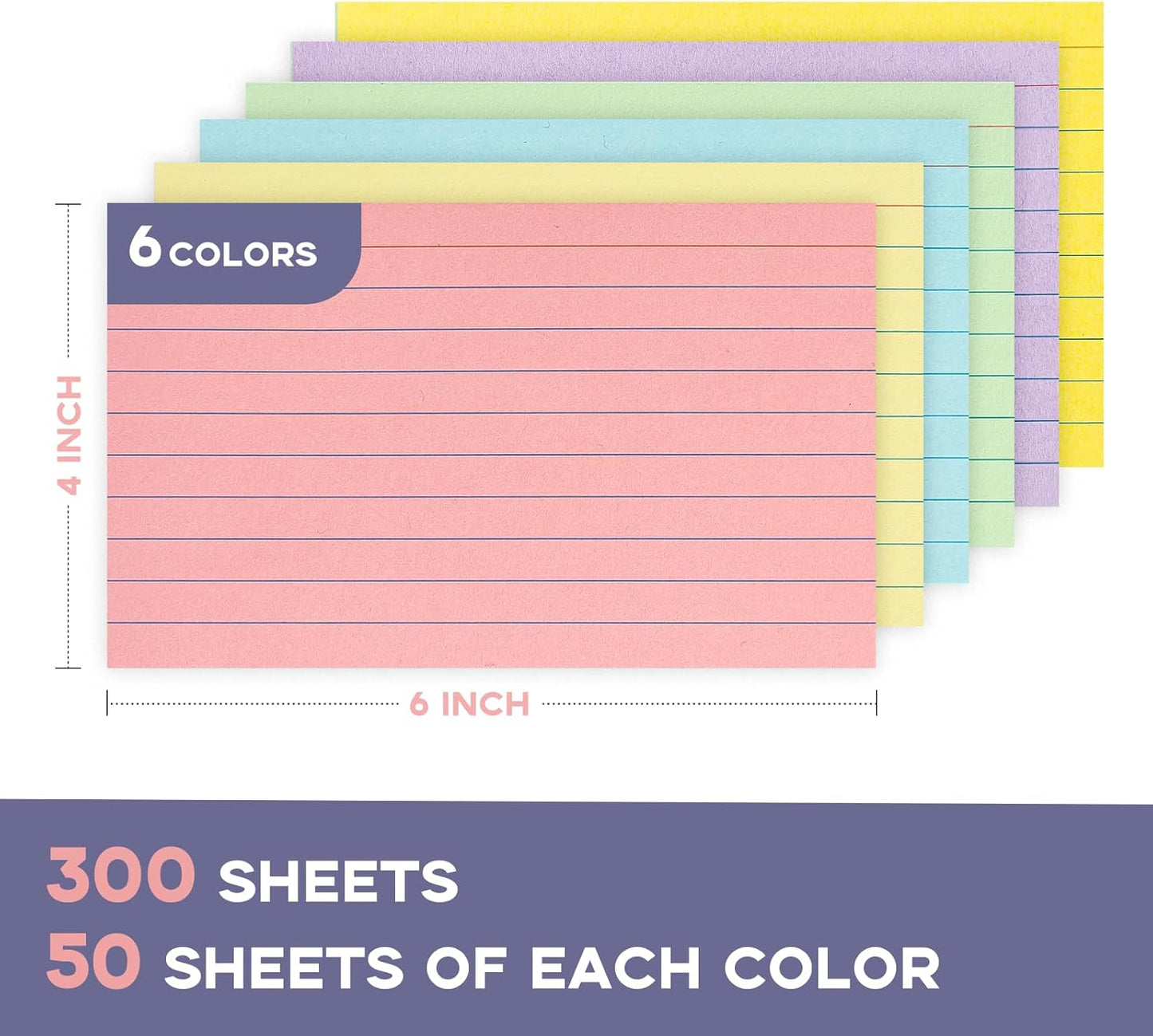 300PCS Colored Index Cards 4x6, Goefun Ruled Notecards, 6 Color Flashcards for Studying, Recipes, Memo Cards, Office Supply, DIY, Presentation