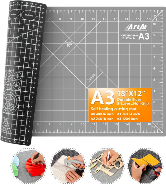 ArtAt Self Healing Cutting Mat: 12″x 18″ Black-Gray Eco-Craft Cutting Mat - 5-Layer Durable Anti-Blade-Wear Material for All Your Crafting Needs