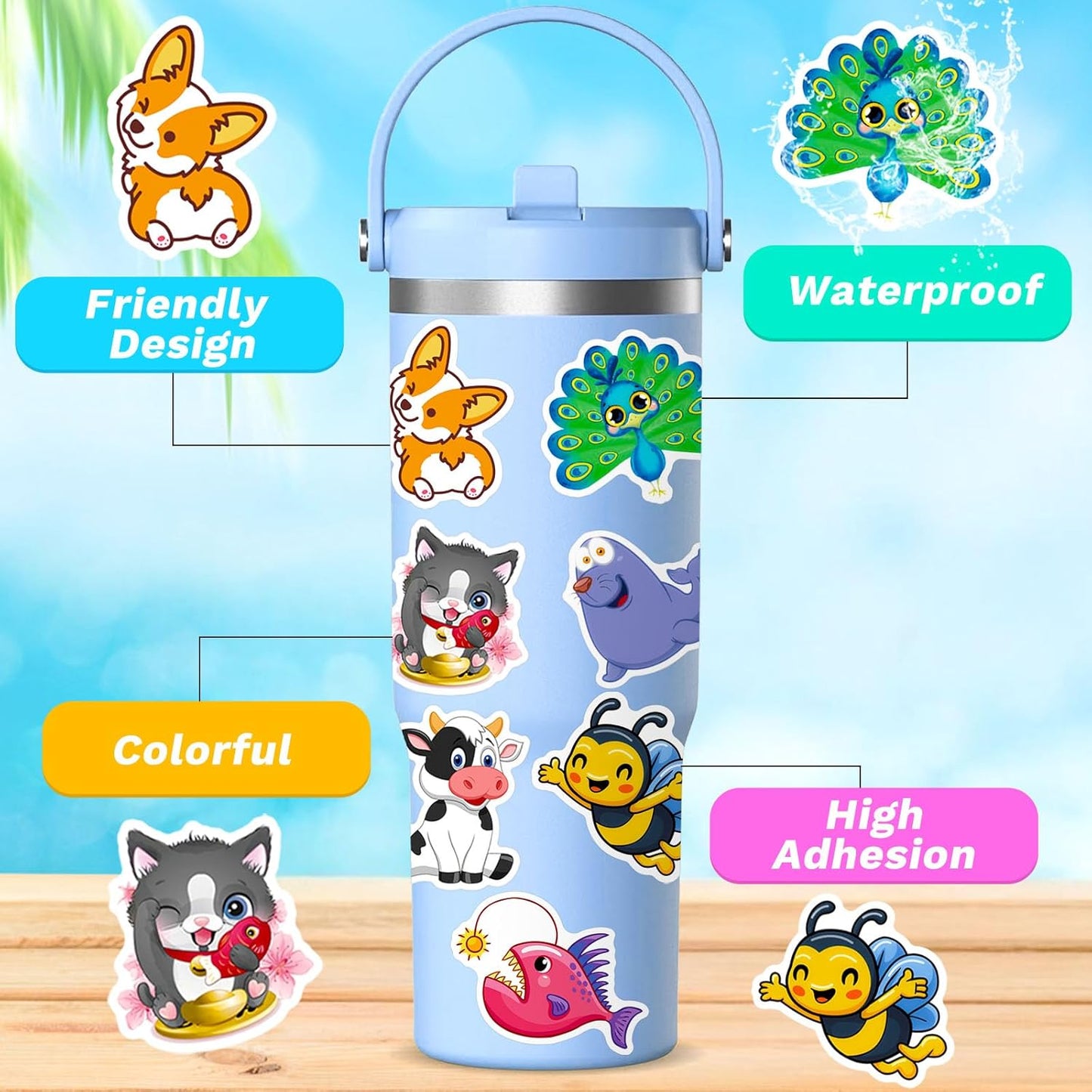 Water Bottle Stickers 200 Pcs Cute Animal Sticker Pack, Teacher Reward Prizes for Kids Classroom, Waterproof Vinyl Stickers for Water Bottles Scrapbook Journal Tablet Kindle Laptop Diary Scooters etc