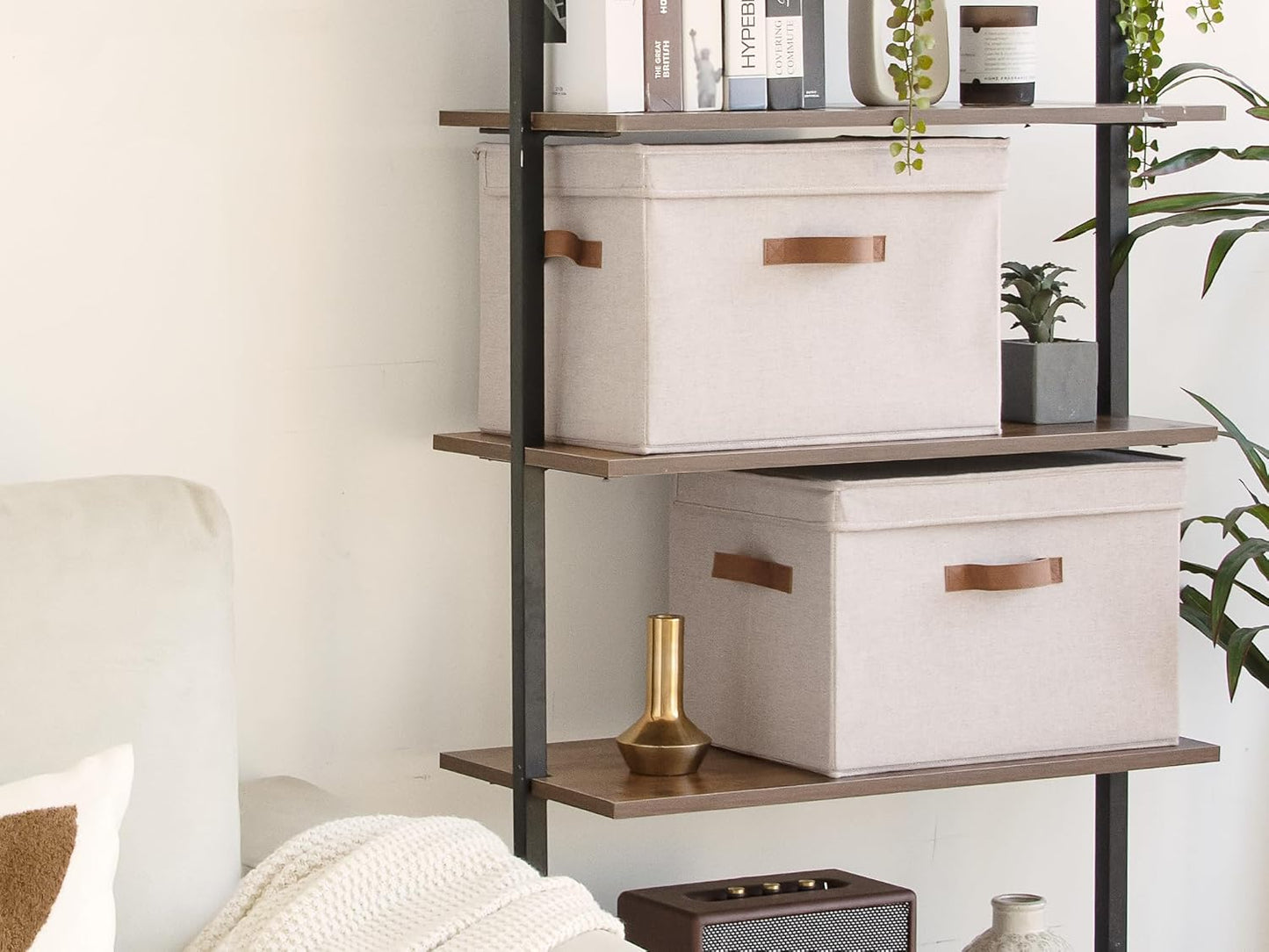 StorageWorks Fabric Storage Bins with Lid, Decorative Storage Boxes for Shelves, Stackable Closet Organizer Basket with Handles, Jumbo, Brown and Beige, 2-Pack