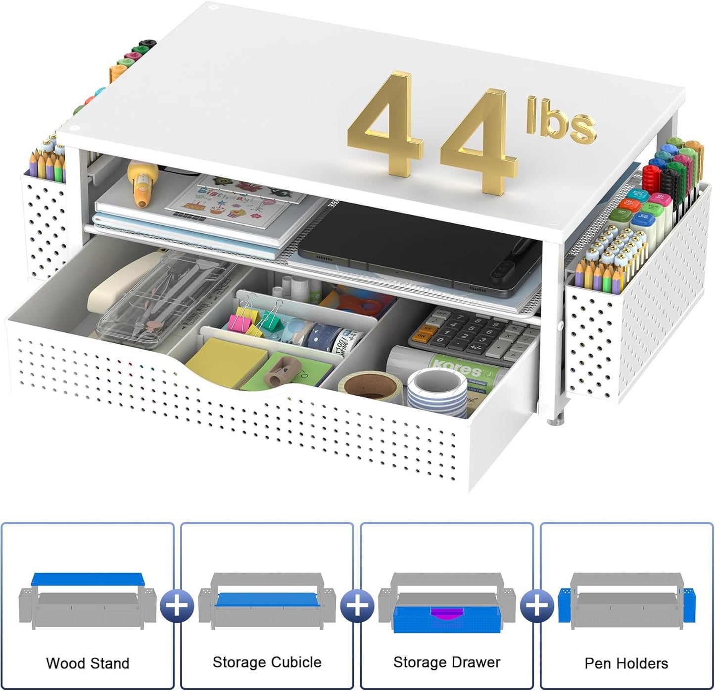 Desk Organizer and Accessories, Computer Monitor Stand Riser with Drawer and 2 Pen Holders, Office Desk Accessories & Workspace Organizers for Office Supplies (White)