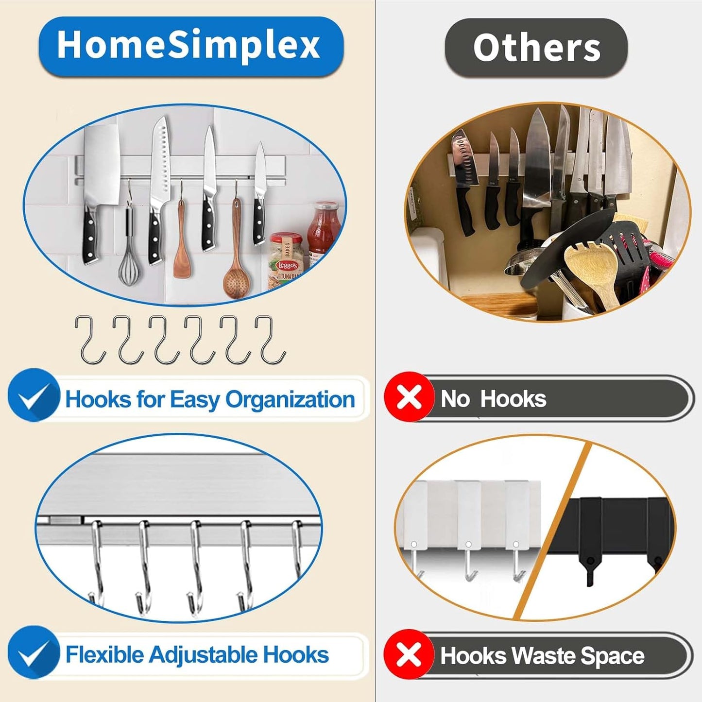 17 Inch Magnetic Knife Holder for Wall No Drill/Drill with 12 Hooks-Strong Adhesive Double Magnetic Bar Knife Magnetic Strip-Kitchen Utensil Holder-304 Stainless Steel Magnetic Knife Block