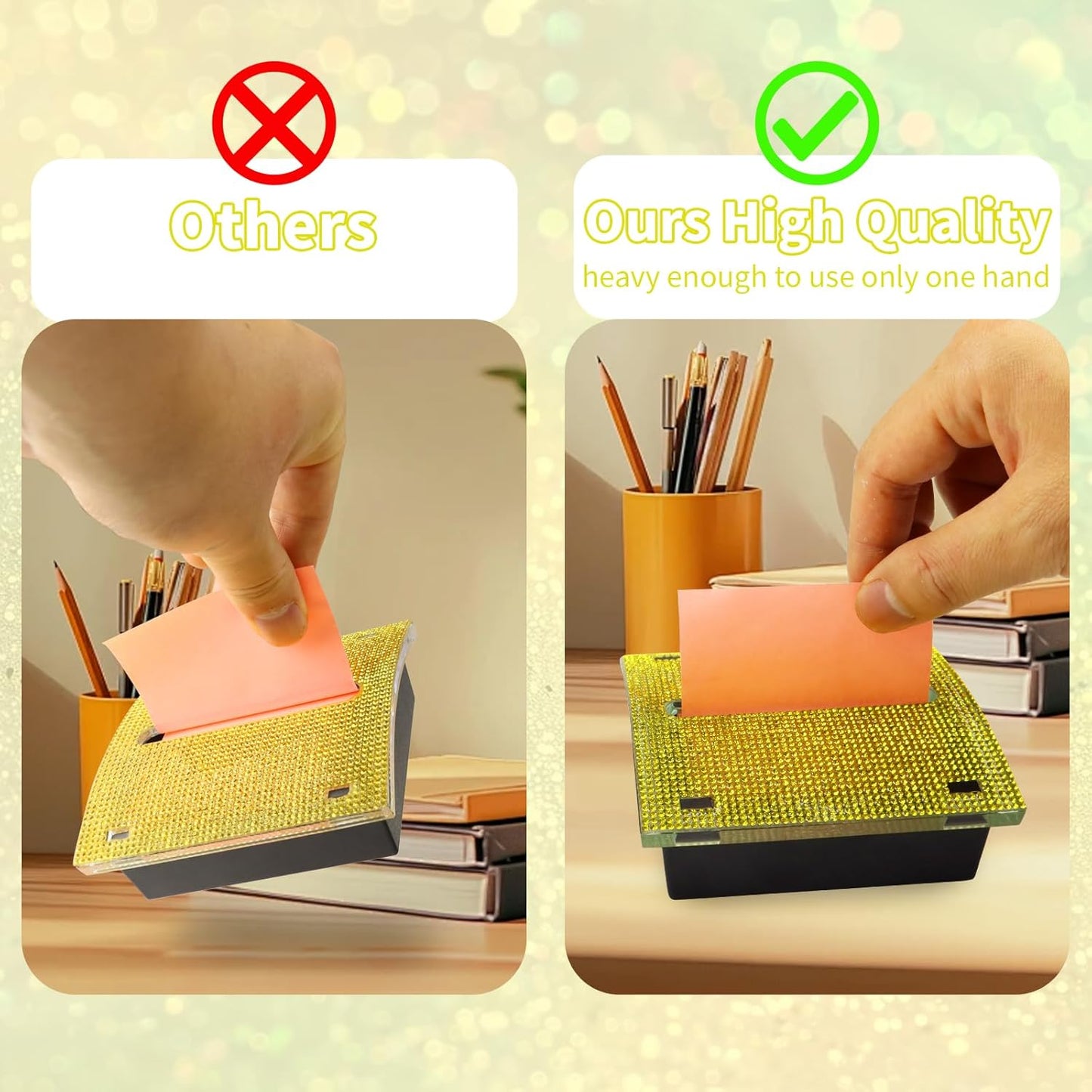 Rhinestone Self Sticky Note Holder Post it Note Dispenser Pop-Up Sticky Notes Dispenser 3 x 3 inch Post it Dispenser for Office Desk Accessories(Gold)