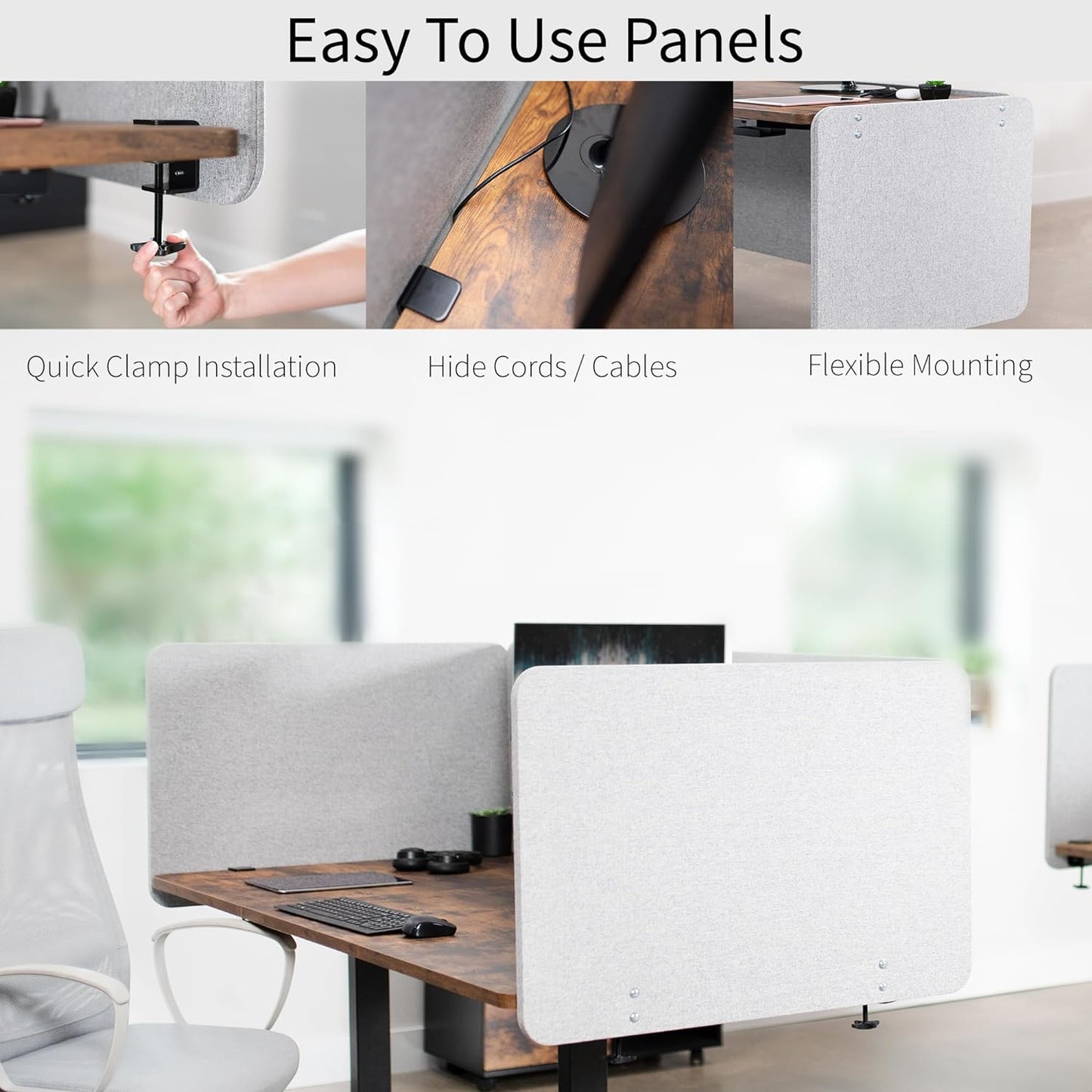 VIVO Clamp-on/Screw-on 71 x 24 inch Privacy Panel System, Sound Absorbing Cubicle Desk Divider, Acoustic Partition, 2 Panels, Gray, PP-2-V072G