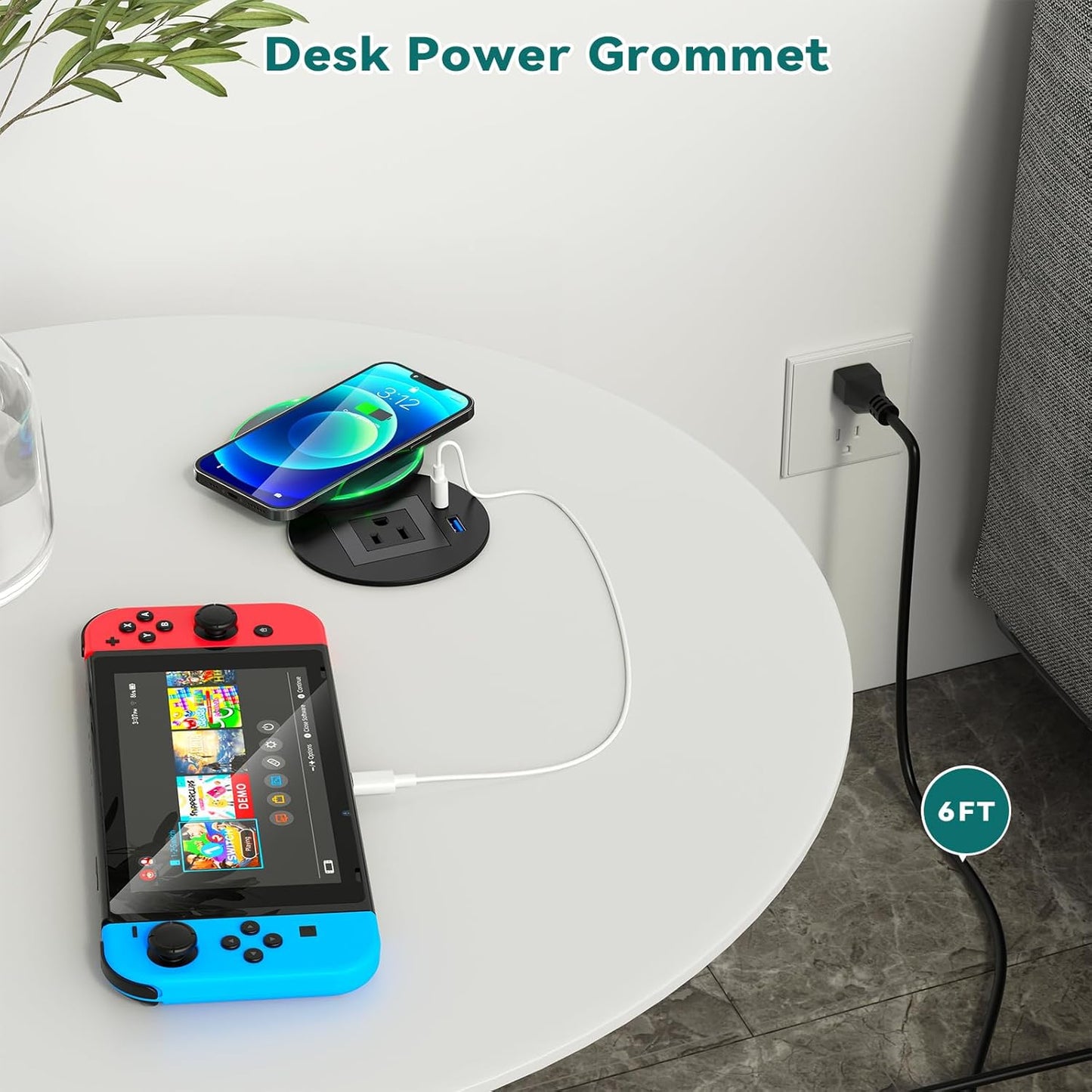 QBA Recessed Power Grommet with 15W Wireless Charger, PD 30W USB-C Port, 1 AC Outlet, 3-1/8 Inch Flush Mount Power Strip for Furniture Nightstand Desk Outlet, ETL Listed