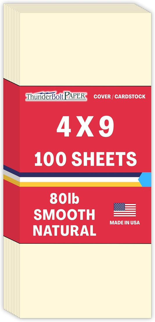 100 Natural Smooth Card Stock Sheets Paper - 4" X 9" (4X9 Inches) #10 Envelope Insert Size - 80# (80 lb/Pound) Cover Weight - Quality Paper - Smooth Finish