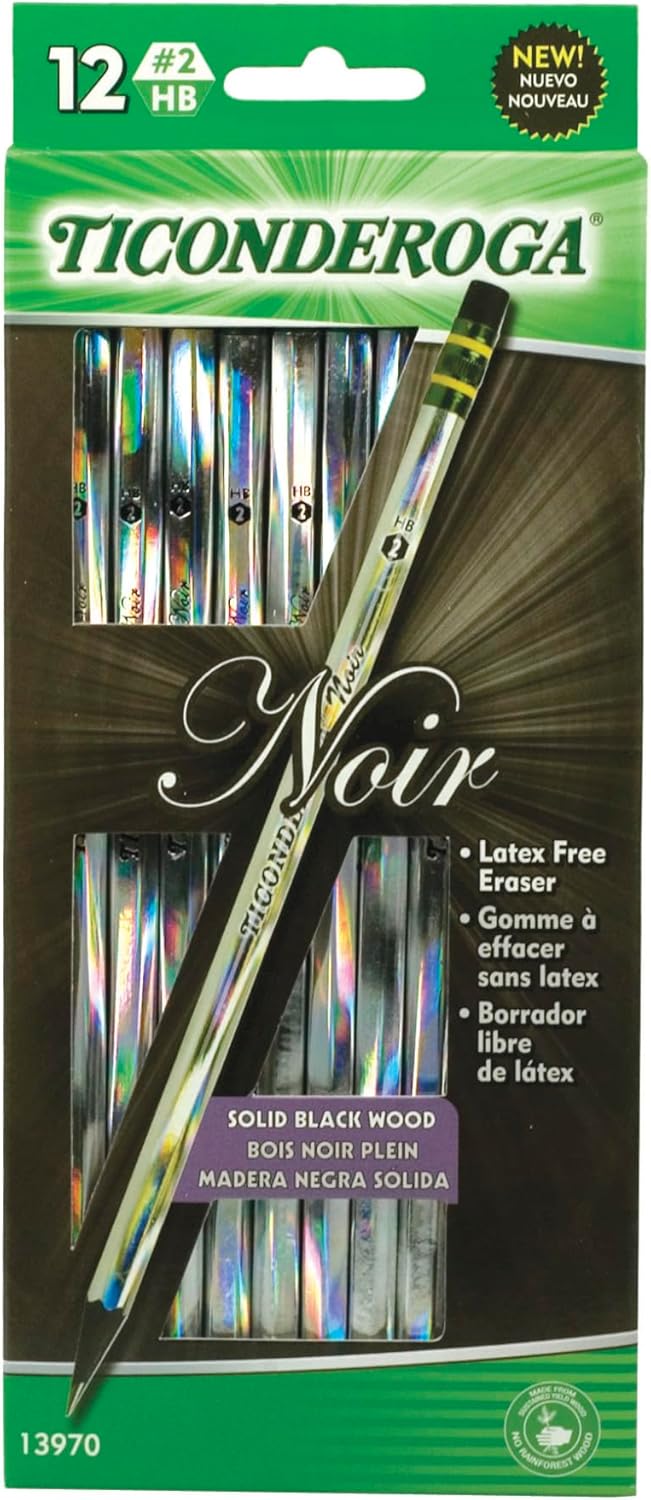 Ticonderoga Noir Black Wood-Cased #2 Pencils, Holographic Design, 12 Count
