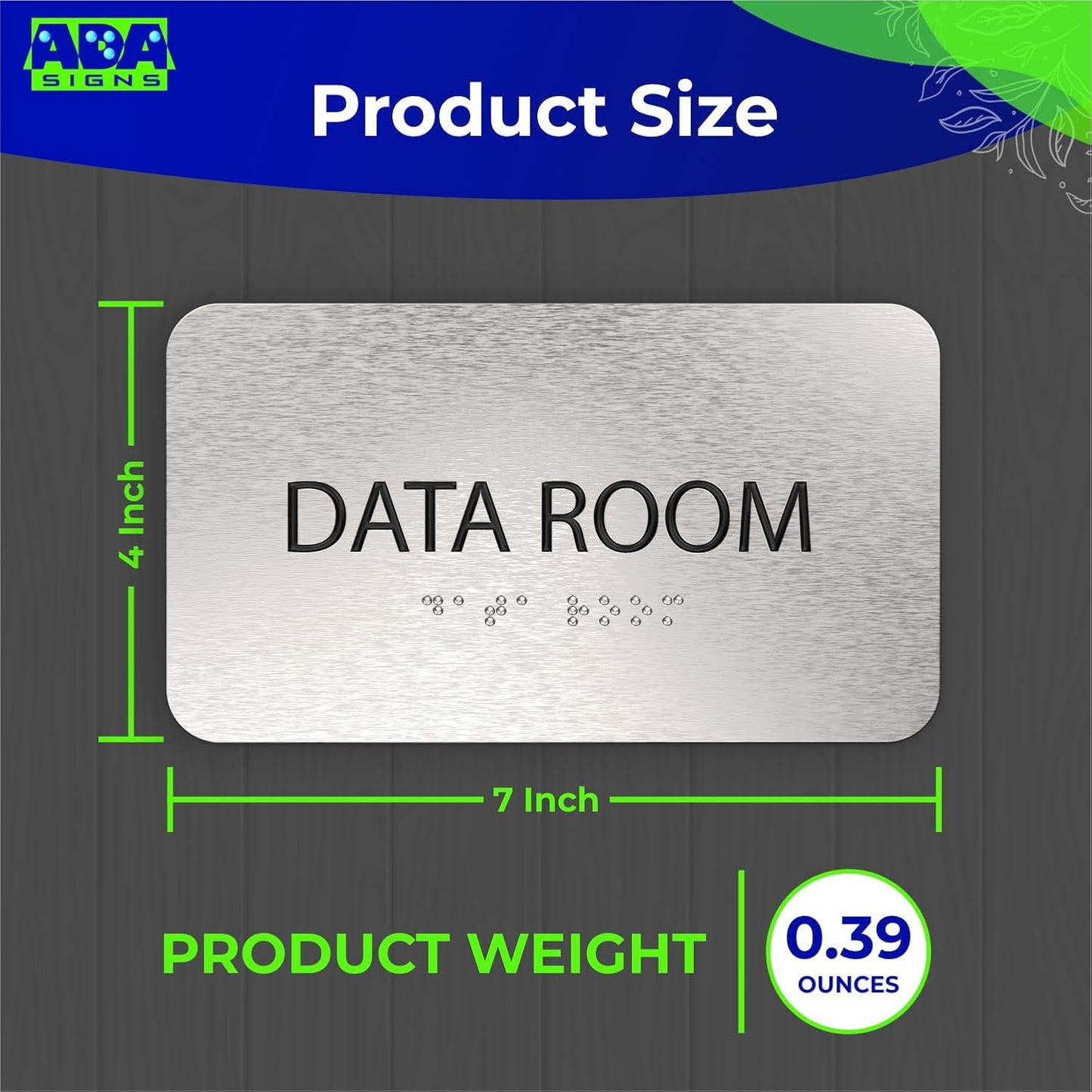 ADASigns Data Room Sign 7" W x 4" H - Durable Brushed Aluminum with Grade 2 Braille - Easy Installation with Strong Double Sided Tape - ADA Compliant Office & Businesses Signs for Wall