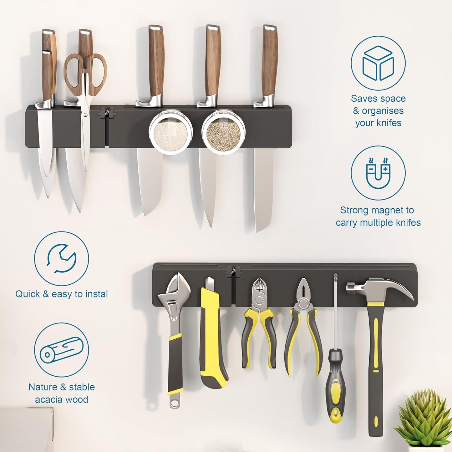 Magnetic Knife Holder for Wall, Acacia Wood Knife Magnetic Strip No Drill Knife Magnet Storage Bar Magnetic Tool Key Holder Strip for Kitchen Utensil Organizer (Black, 16 Inch Large)