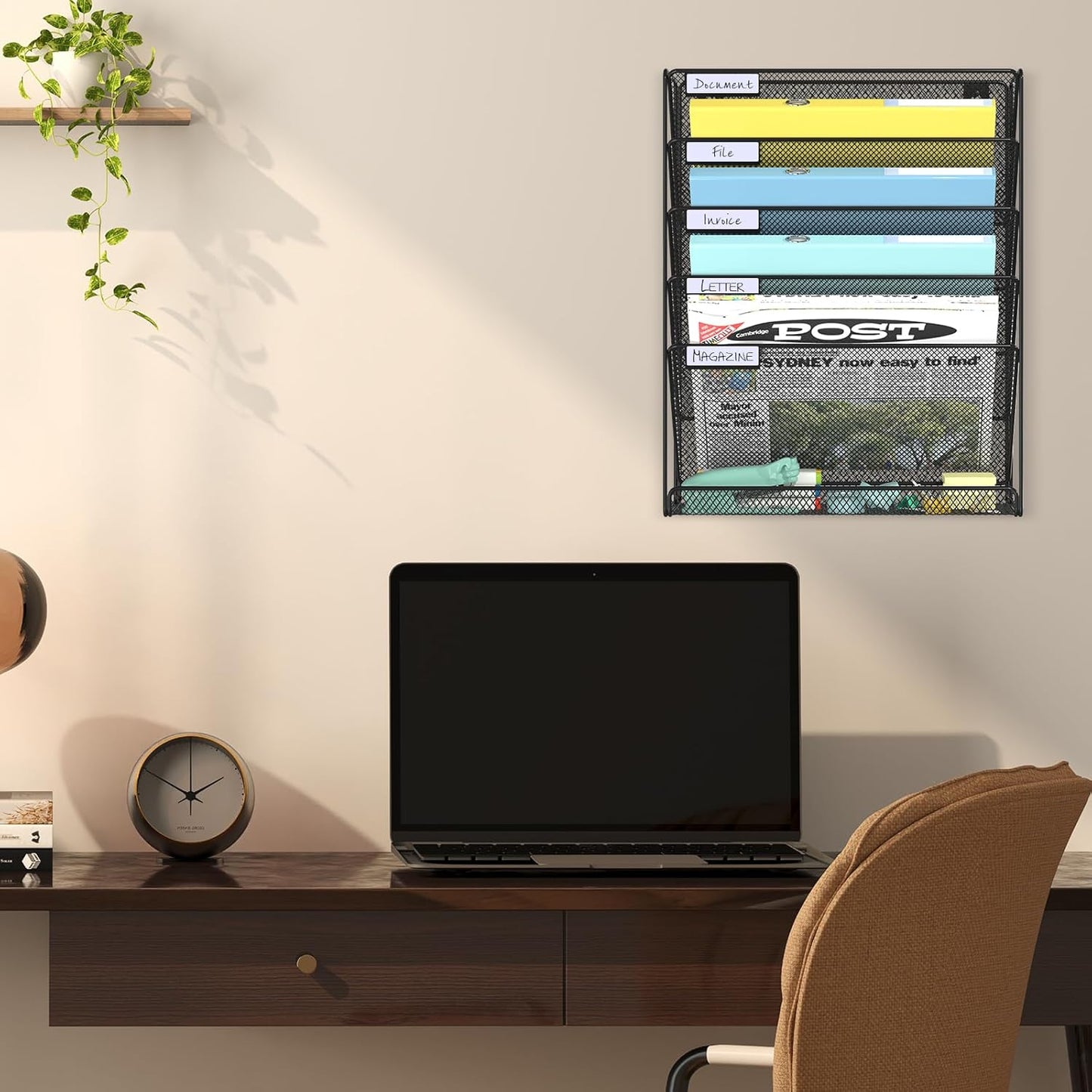 Hanging Folder Organizer Mesh 6 Tier, Wall File Organizer Hanging Paper Organizer, Wall Mount Mail Storage, Office Organization and Storage Rack for Home Office, Black