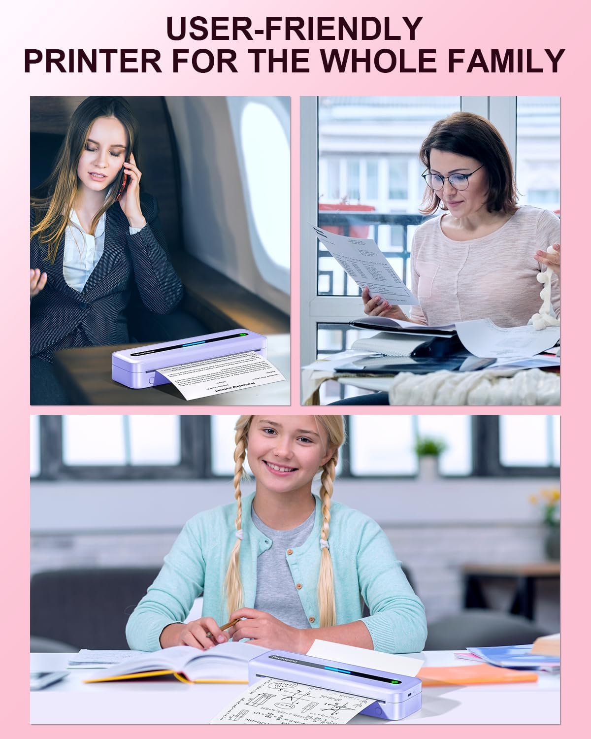 COLORWING Portable Printers Wireless for Travel, 300DPI Mini Compact Inkless Printer, Thermal Bluetooth Printer Compatible with Android and iOS Smartphone & Tablet & Laptop - Purple