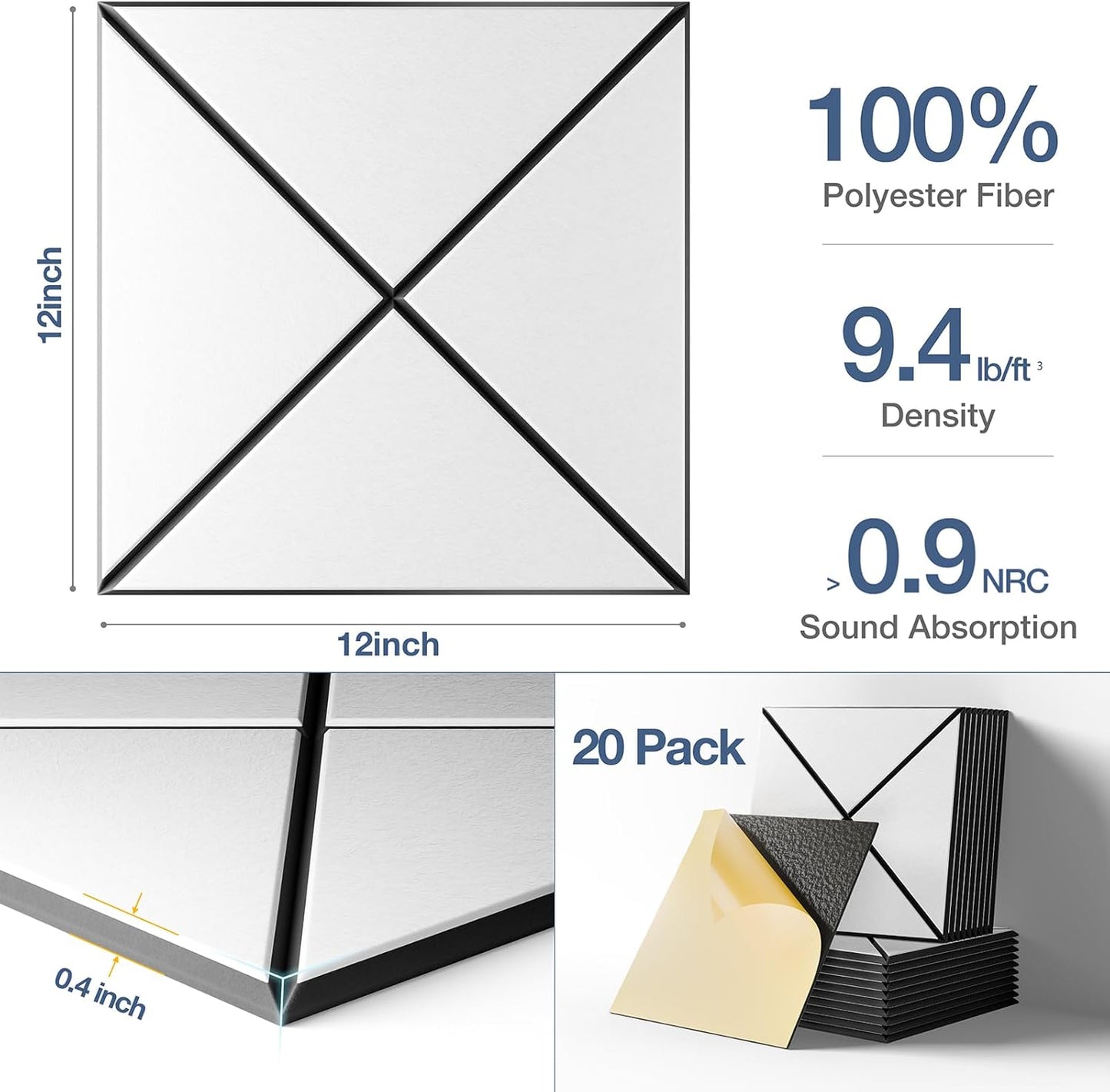 22 Pack X-Line Design Acoustic Panels, 12" X 12" X 0.4" Self-Adhesive Sound Proof Foam Panels for Walls, Soundproof Wall Panels for Home & Office (White on Black)