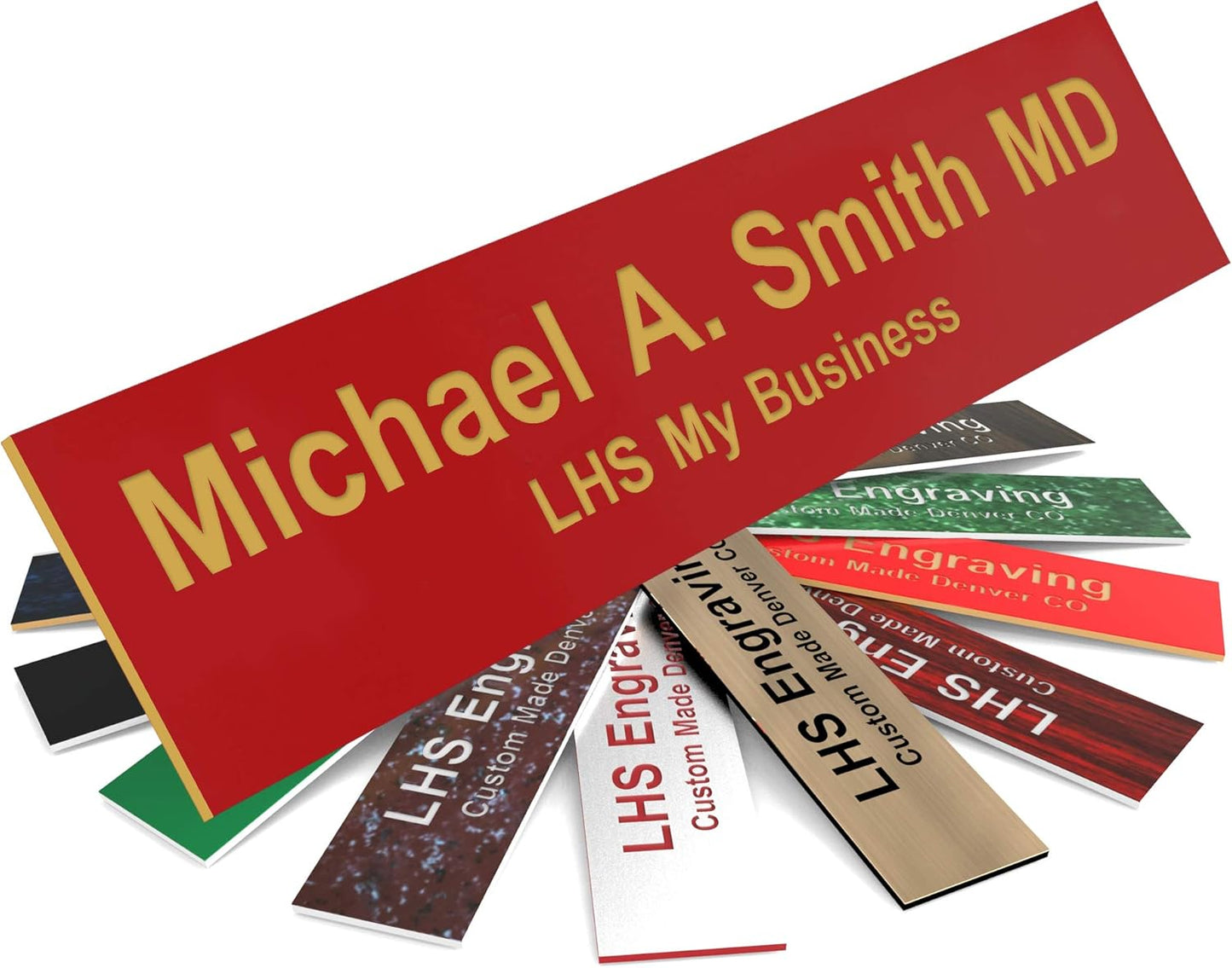 Engraved Name Plates for Door Sign Personalized Red Plastic Plaque with Gold Letters - Made in USA 2x8 B17