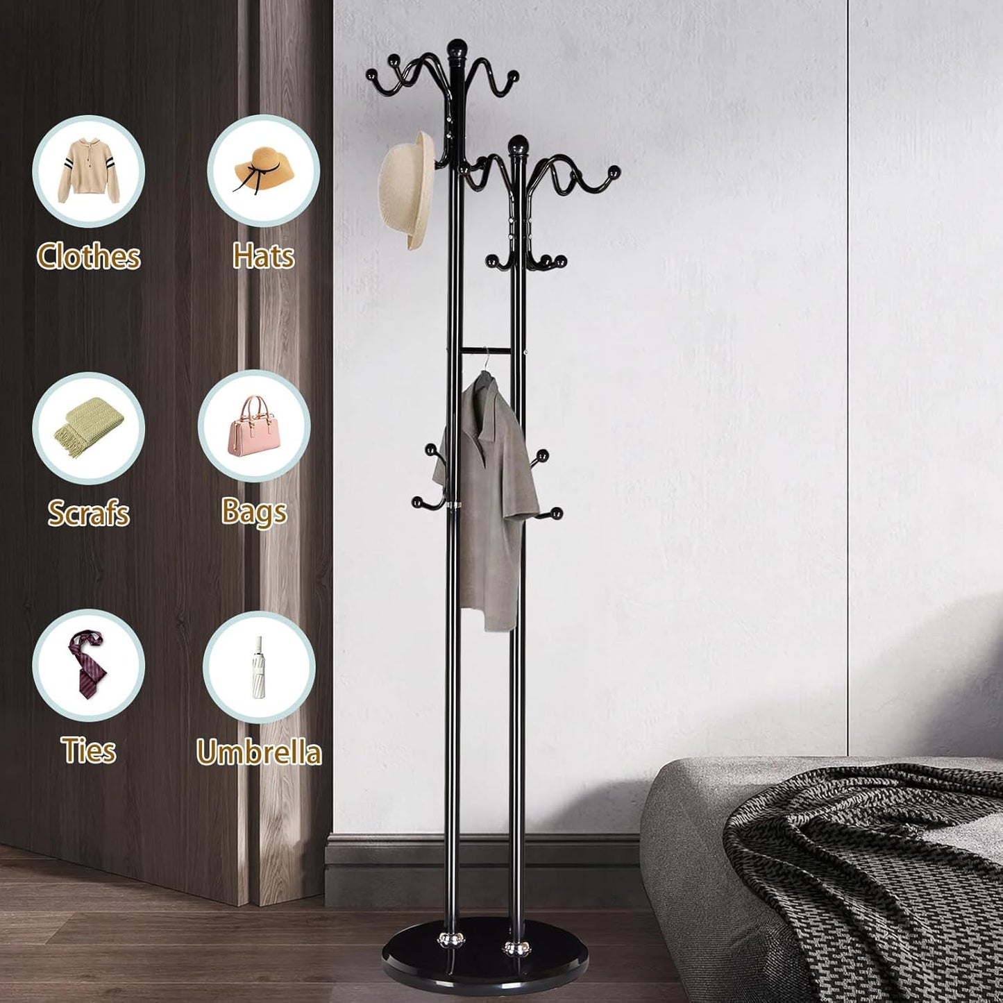 Coat Rack with Natural Marble Base, Metal Modern Coat Racks Freestanding, Coat Rack Stand with 12 Hooks, Coat Tree Hats Hanger Stand for Entryway, Hallway (17 Hooks-Black)