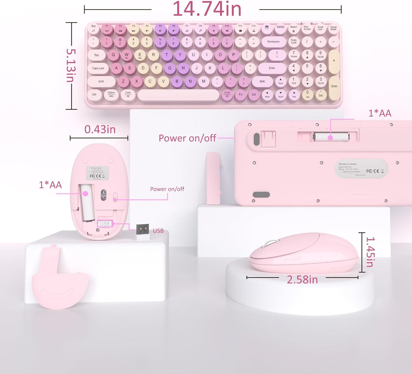 Colorful Wireless Keyboard Mouse Combo, Gradient Rainbow Colors 100 Keys and 2.4GHz Optical Mouse Connection for Windows, Mac, Laptop, PC, Desktop (Pink Colorful)