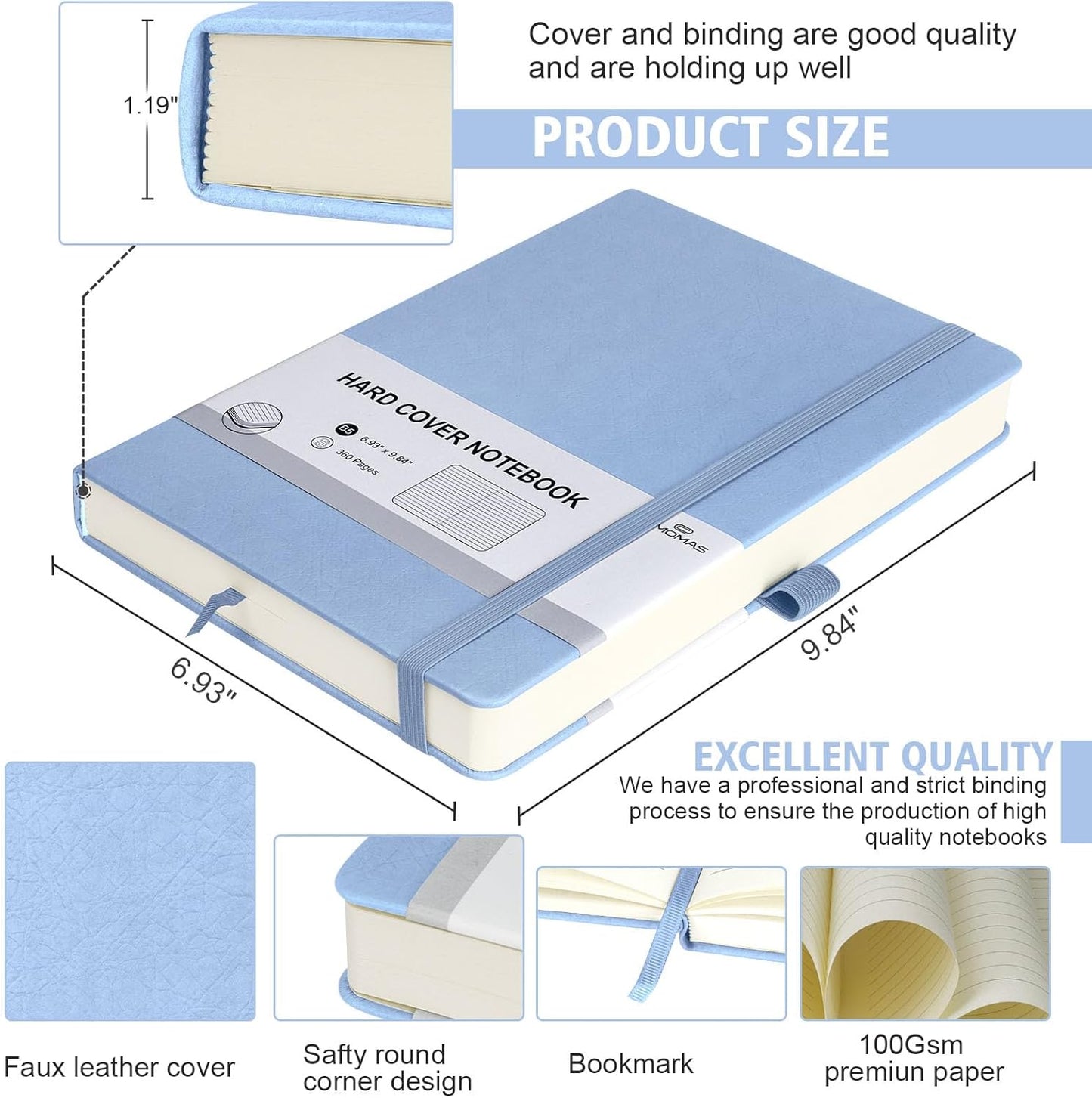 Lined Journal Notebook, 1 Pack (Sky Blue), 360 Pages, 9.8 inches x 6.9 inches - 100 gsm Thick Paper, Hardcover