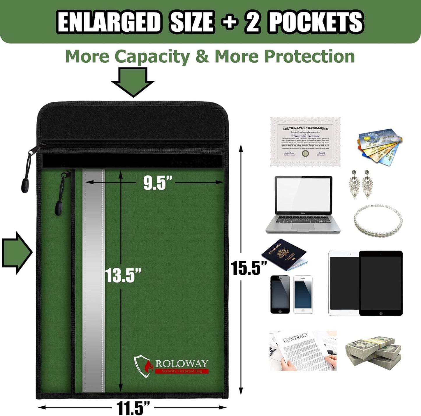 ROLOWAY Fireproof Document Bag (15.5 x 11.5 inch) with 2 Pockets and 5200℉ Aluminum Foil Layer, Fireproof Bag for Document Safe (Green)