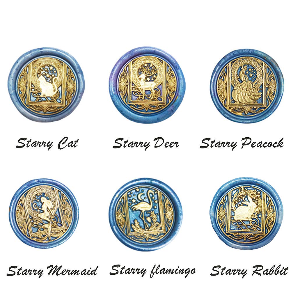Starry Animal Wax Seal Stamp Set with 6 PCS Removable Brass Heads and 1 Wooden Handle - Retro Vintage Cat Deer Peacock Mermaid Flamingo Rabbit Sealing Wax Stamps