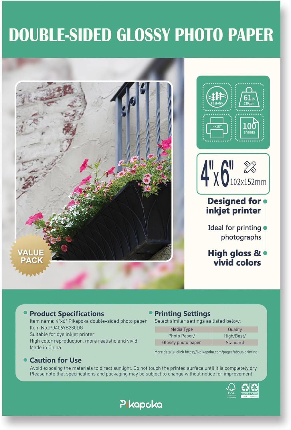 Double Sided Glossy Photo Paper 4x6, Thick Glossy Paper for Cardstock, 100 Sheets 61lb for Inkjet Printer