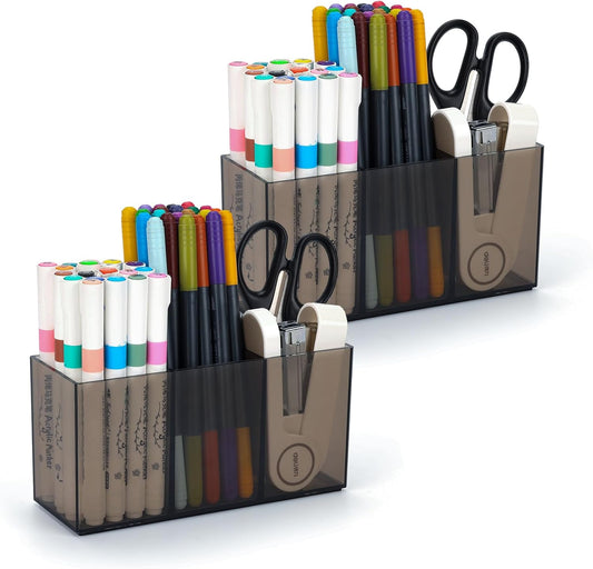 Ludato 2 Pack Pen Pencil Holder for Desk, 3 Compartments Clear Acrylic Makeup Brush Holder straw holder Storage for Office Desk Accessories