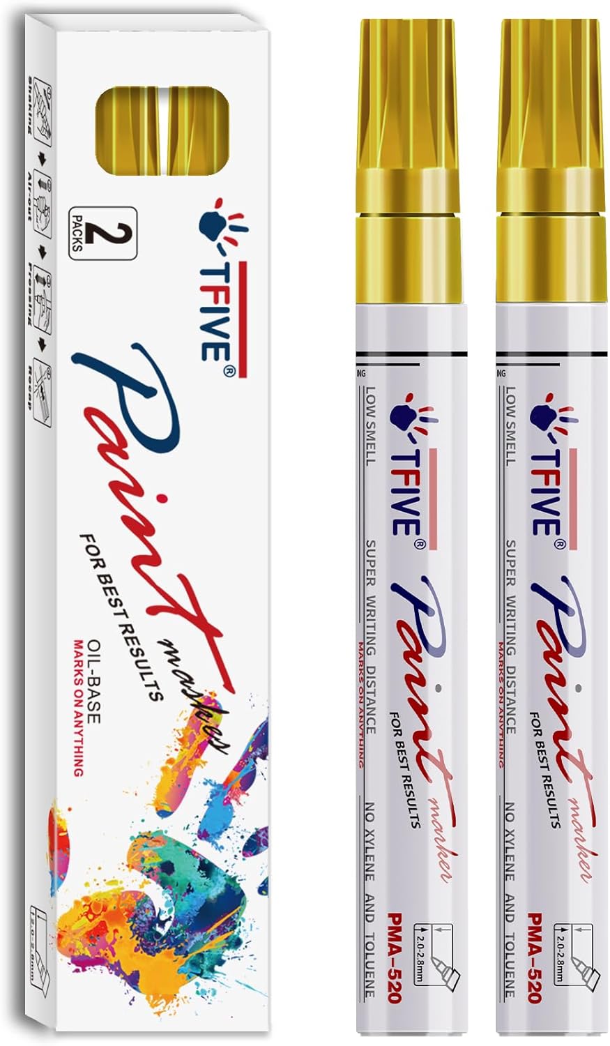 TFIVE Gold Permanent Paint Marker Pens - 2 Count Oil Based Marker Pen, Medium Tip, Waterproof & Quick Dry, for Office, Art projects, Rock Painting, Ceramic, Glass, Wood, Plastic, Metal, Canvas