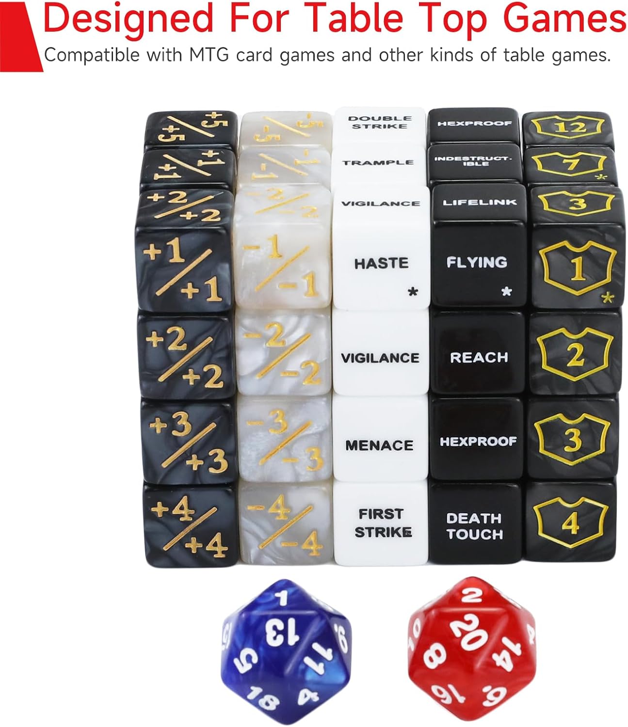 SIXPOINTS 62Pcs MTG Dice Counters Plus 1 Tokens Marble D6 Abilities Keywords Dice Creature Stats Buff Tokens 6 Sided & D20 Dice Set for Magic The Gathering, MTG, TCG, Card Games Accessories