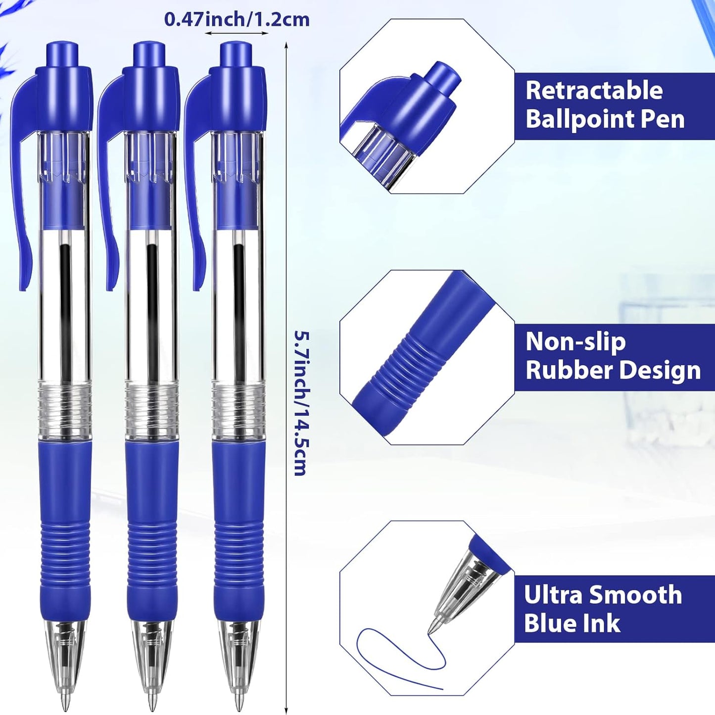 Fainne 200 Pack Retractable Ballpoint Pen 1.0 mm Medium Point Refillable Smooth Click Writing Pens With Grip for Work Journal Writing Office School Supplies(Blue Ink)