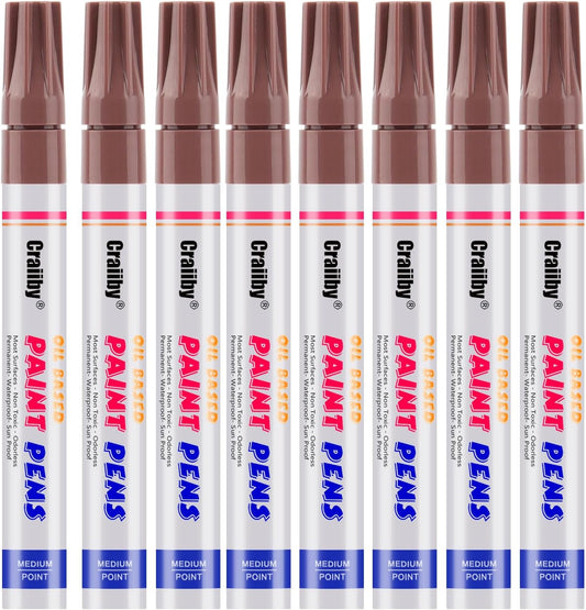 Brown Paint Markers, 8 Pack Oil-Based Waterproof Quick Dry Permanent Paint Pen Set for Rocks Painting, Wood, Fabric, Plastic, Canvas, Glass, Mugs, Metal, Tire, Stone, DIY Craft